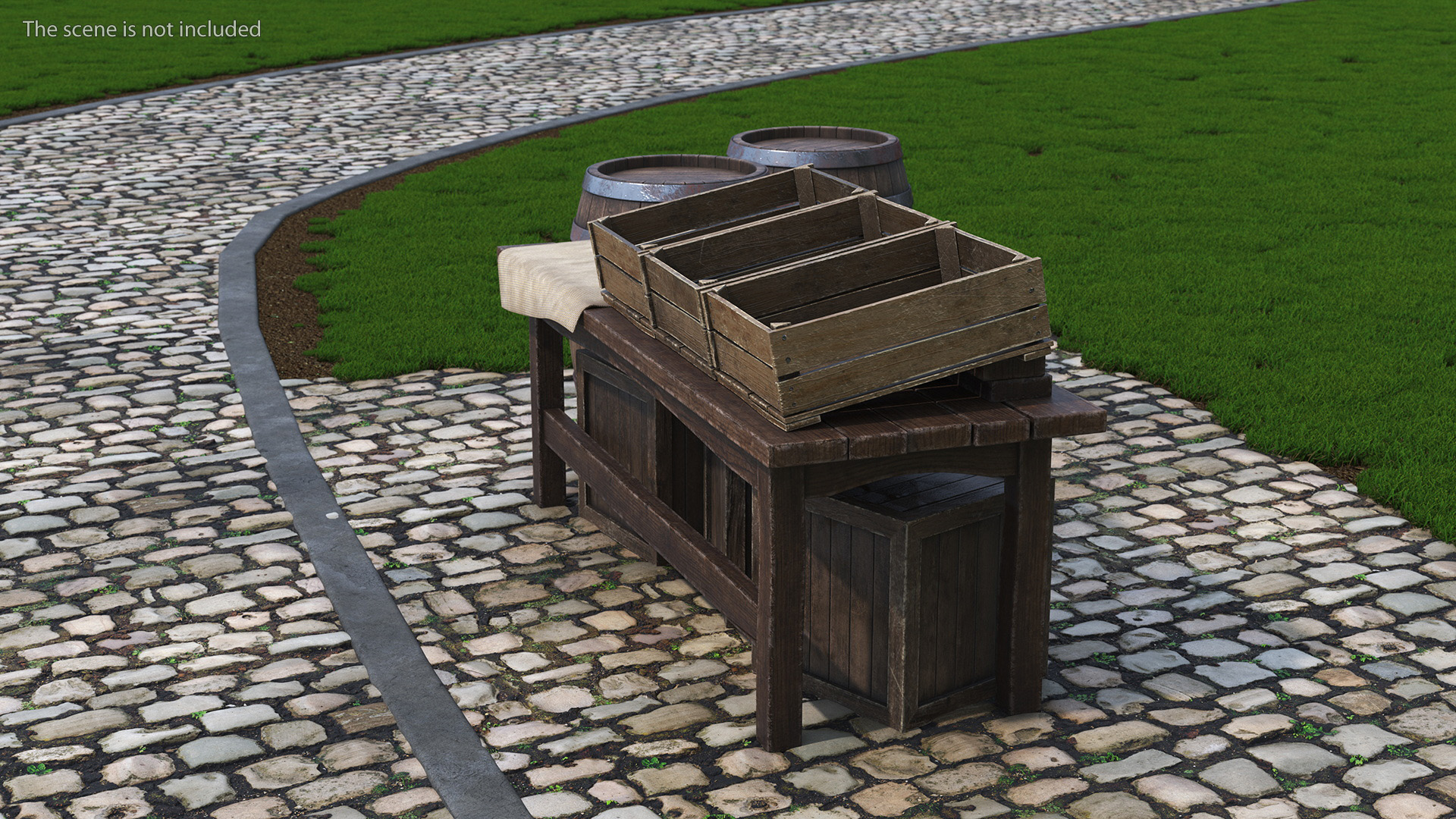 3D Wooden Market Stall with Barrels and Crates model