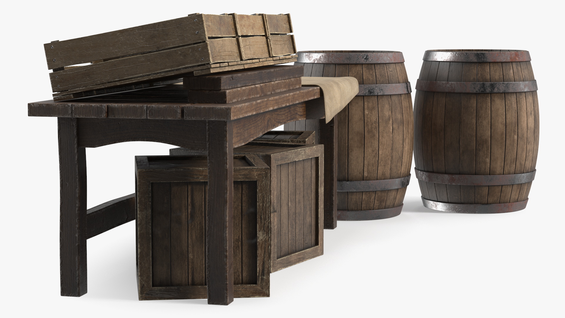 3D Wooden Market Stall with Barrels and Crates model