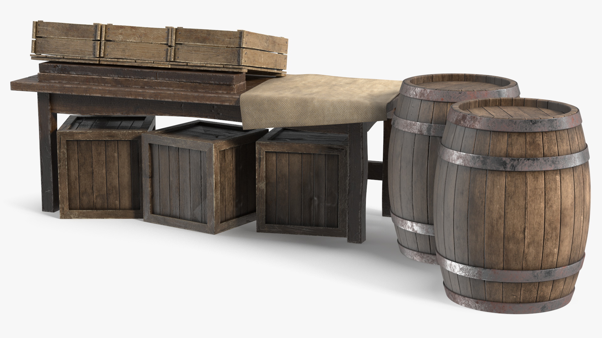 3D Wooden Market Stall with Barrels and Crates model