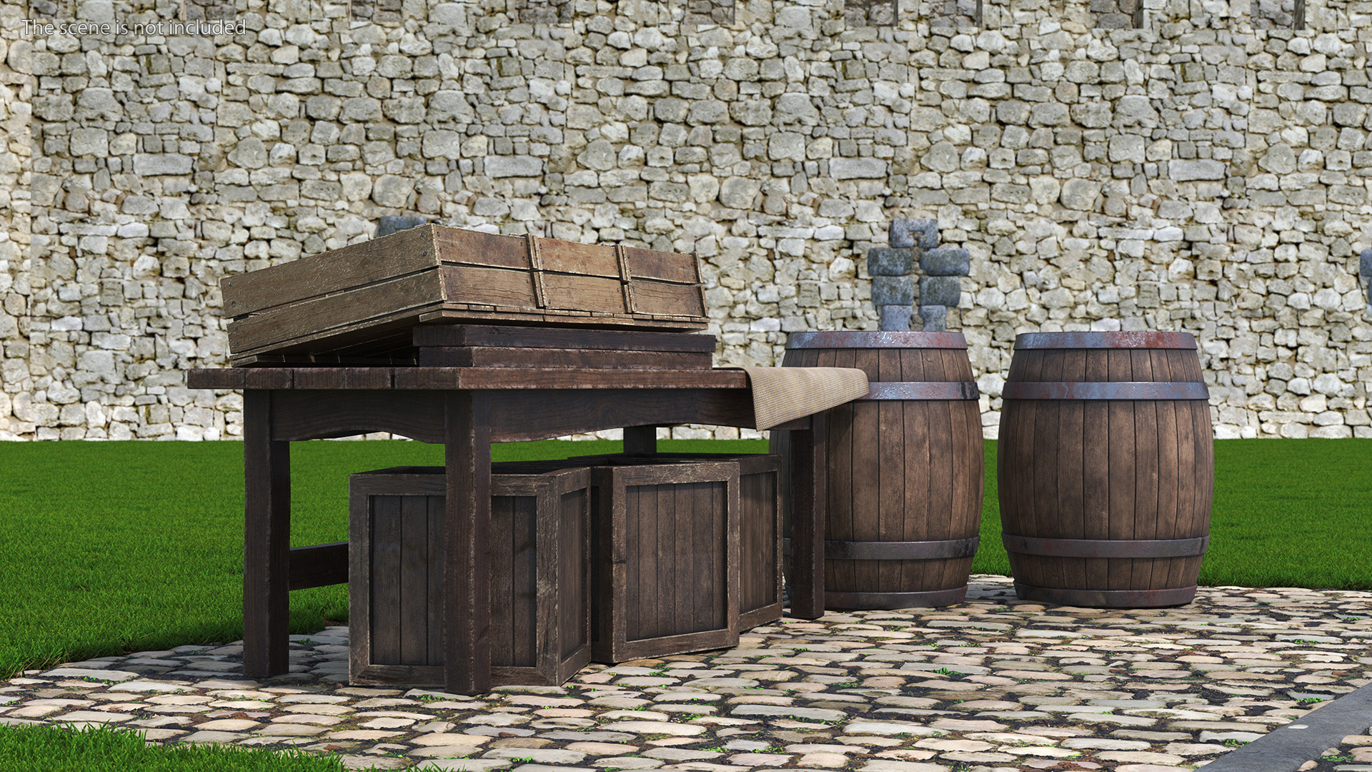 3D Wooden Market Stall with Barrels and Crates model