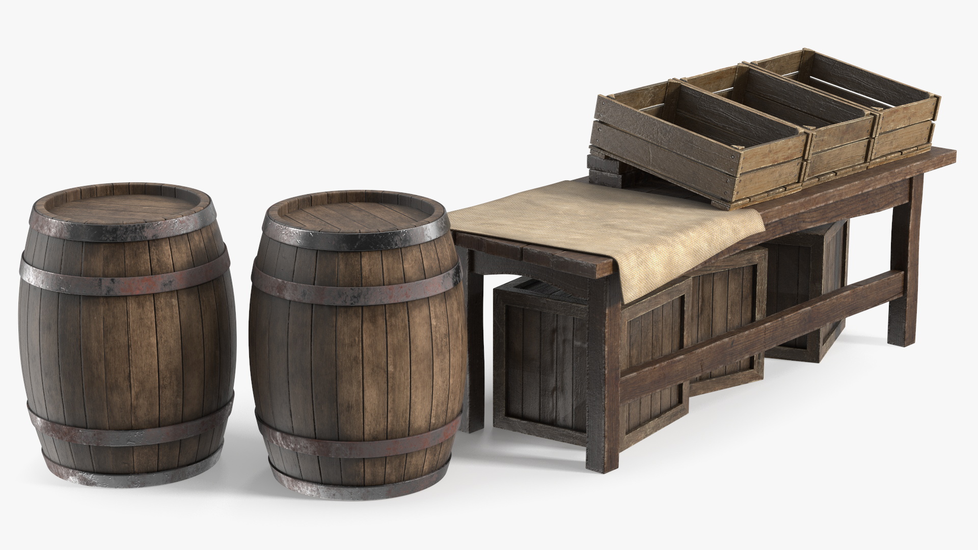 3D Wooden Market Stall with Barrels and Crates model