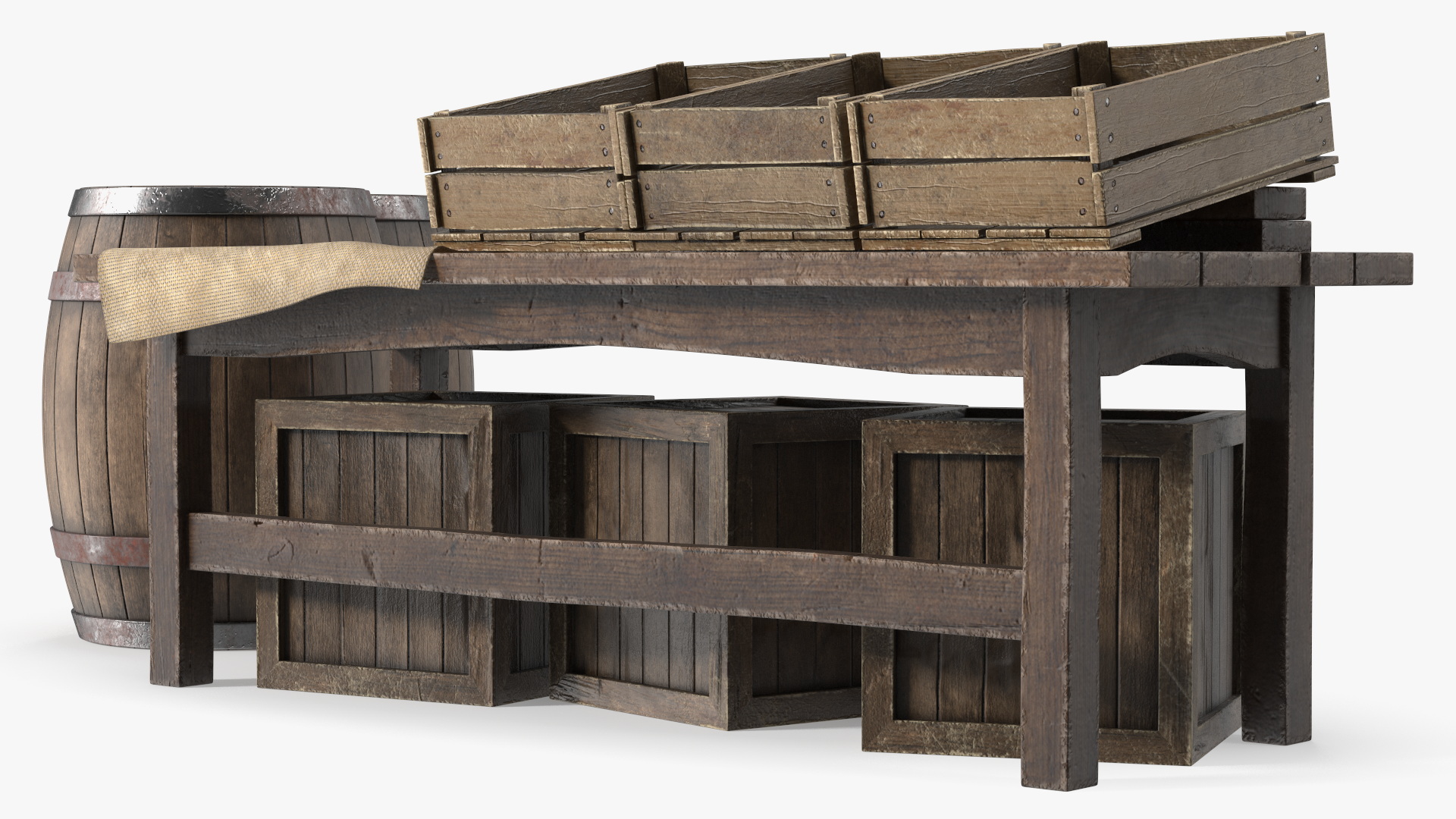 3D Wooden Market Stall with Barrels and Crates model