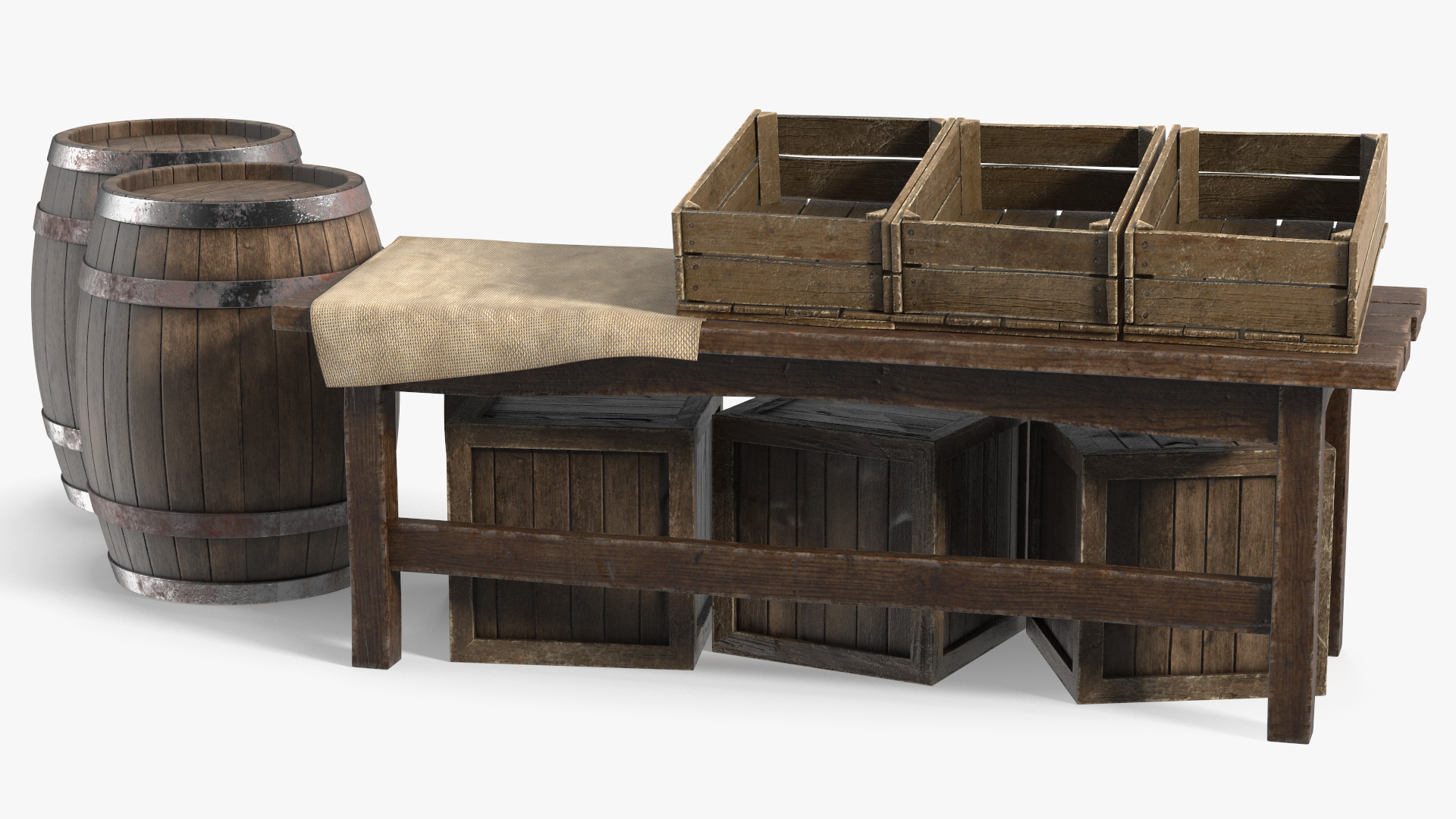3D Wooden Market Stall with Barrels and Crates model