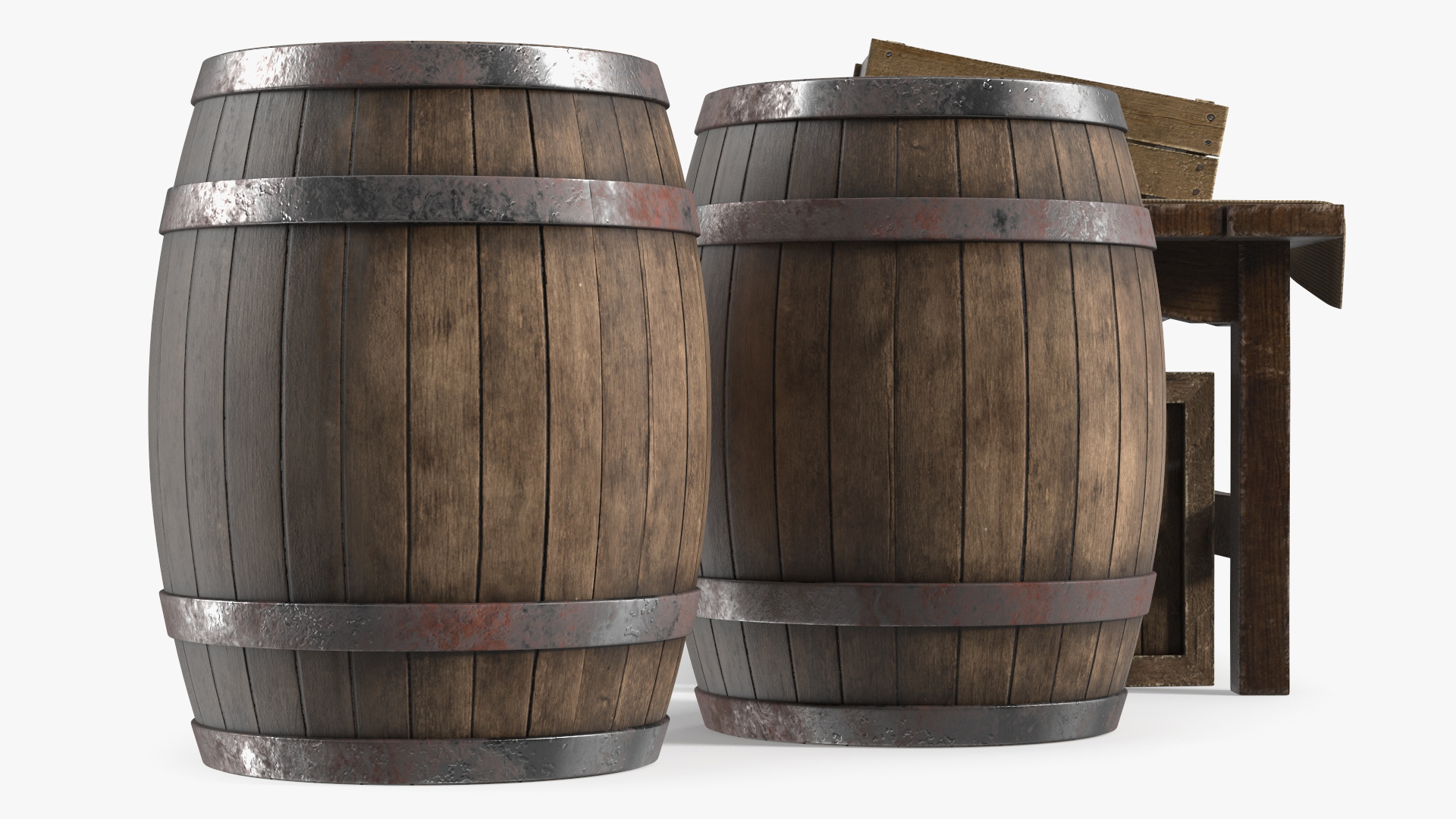 3D Wooden Market Stall with Barrels and Crates model
