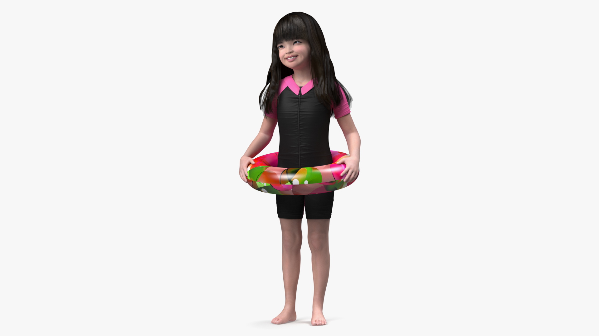 3D model Chinese Child Girl in Swimsuit Stands with Inflatable Circle