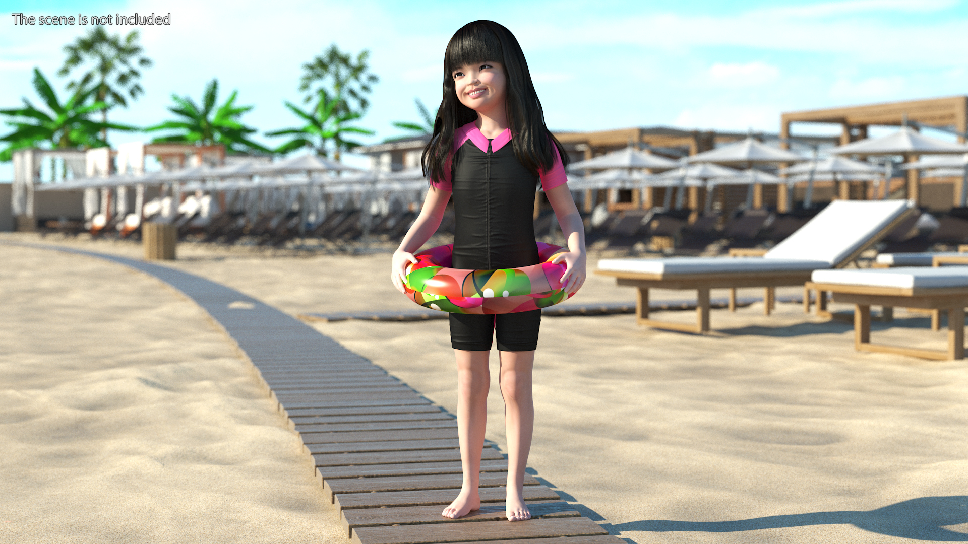 3D model Chinese Child Girl in Swimsuit Stands with Inflatable Circle
