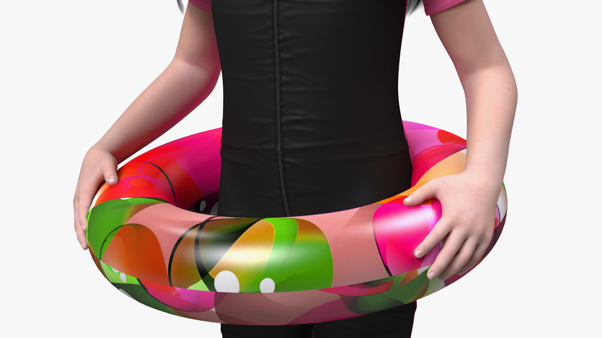 3D model Chinese Child Girl in Swimsuit Stands with Inflatable Circle