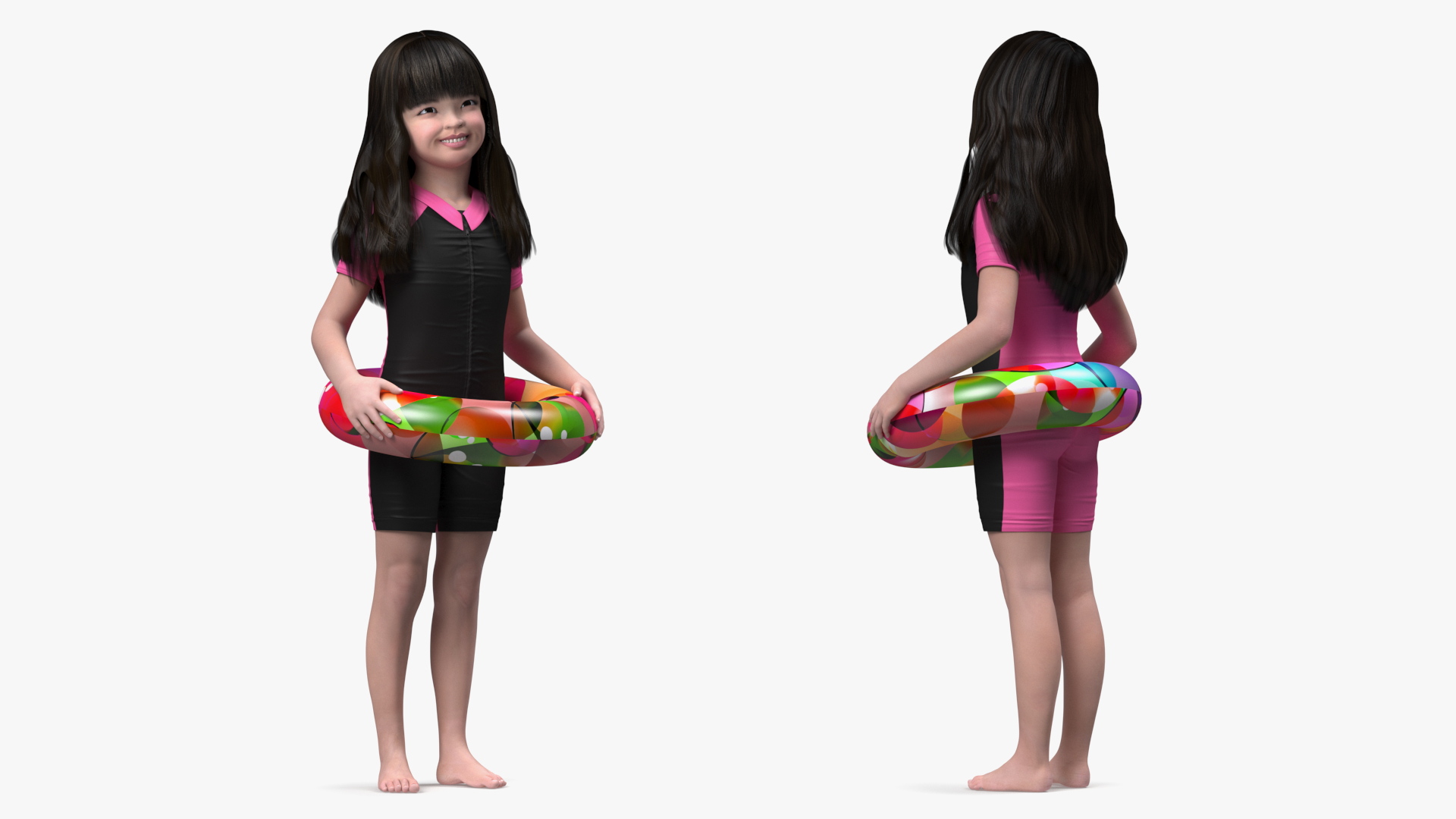 3D model Chinese Child Girl in Swimsuit Stands with Inflatable Circle