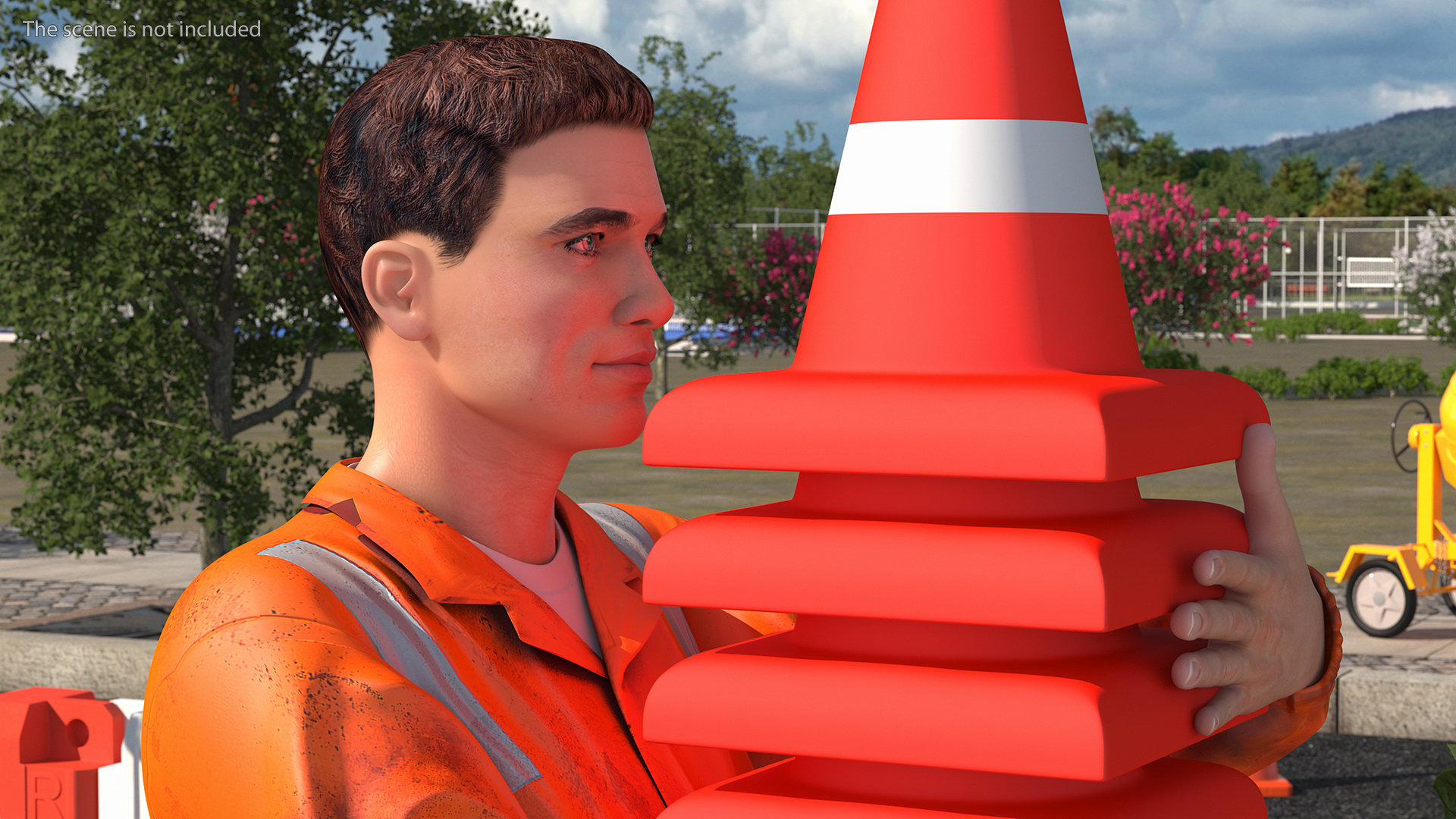 3D model Dirty Road Worker Carries Cone