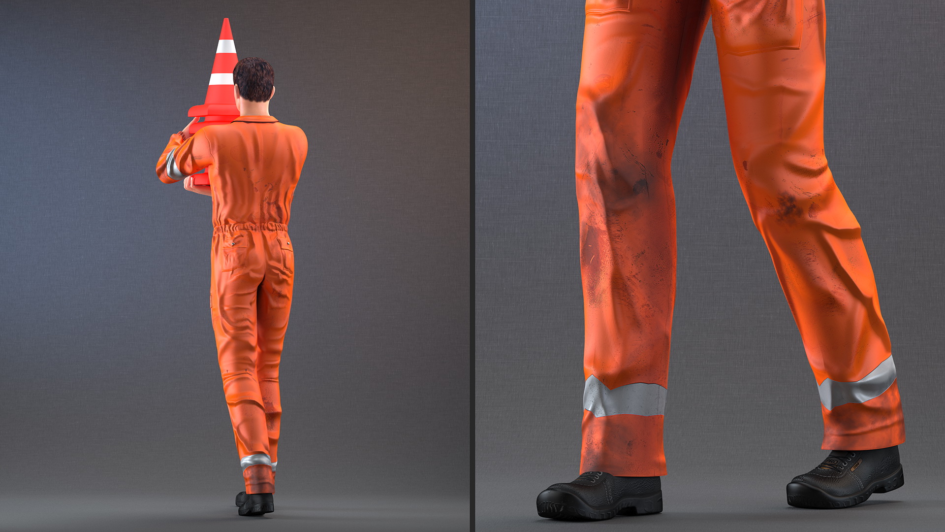 3D model Dirty Road Worker Carries Cone