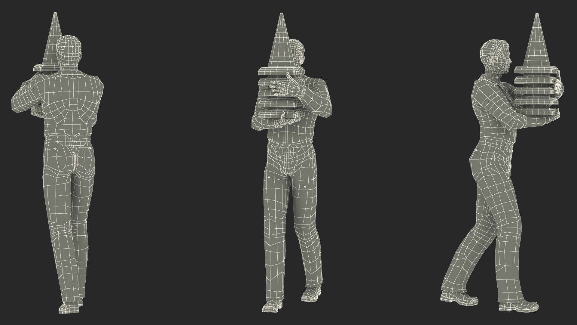 3D model Dirty Road Worker Carries Cone