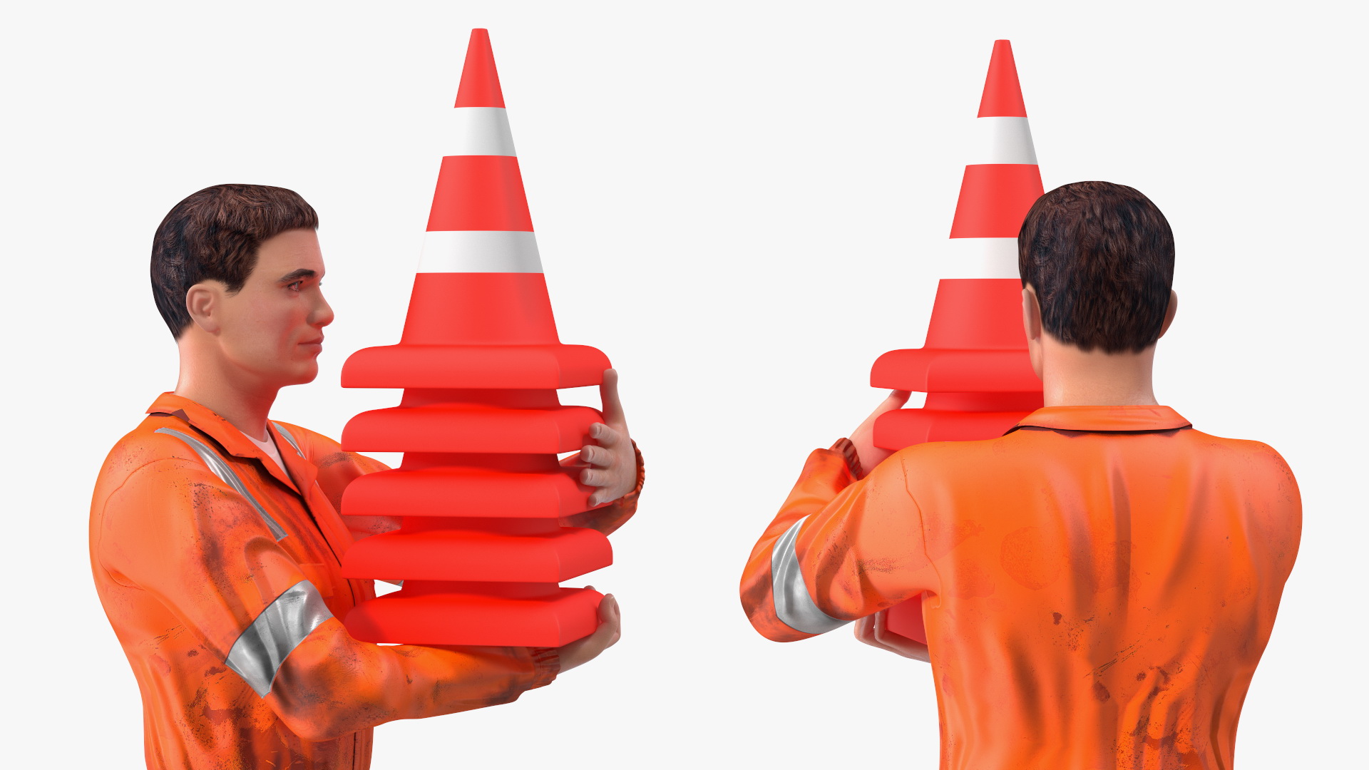 3D model Dirty Road Worker Carries Cone
