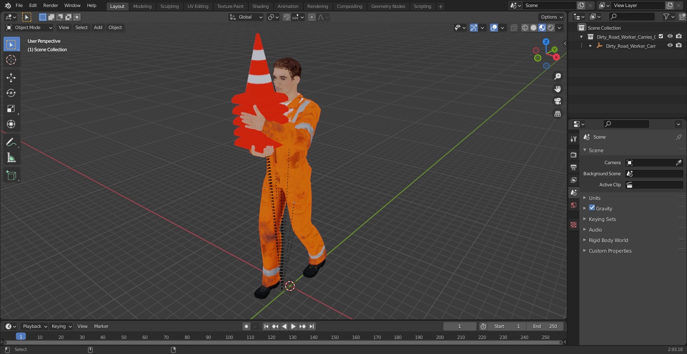 3D model Dirty Road Worker Carries Cone