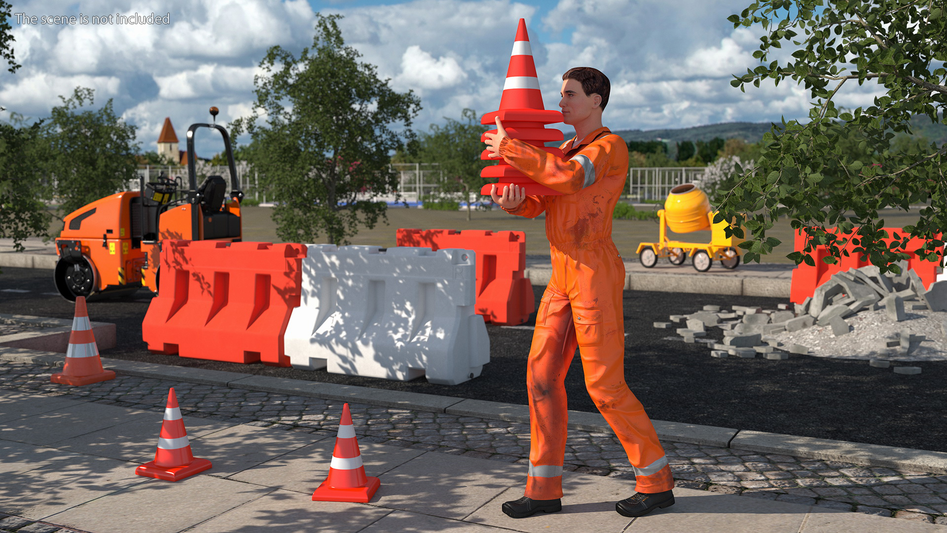 3D model Dirty Road Worker Carries Cone