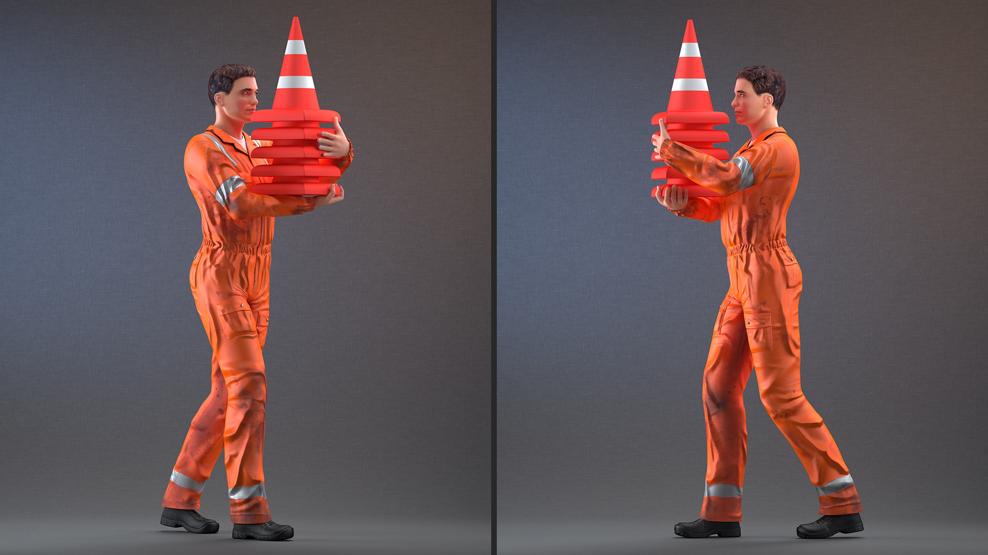 3D model Dirty Road Worker Carries Cone