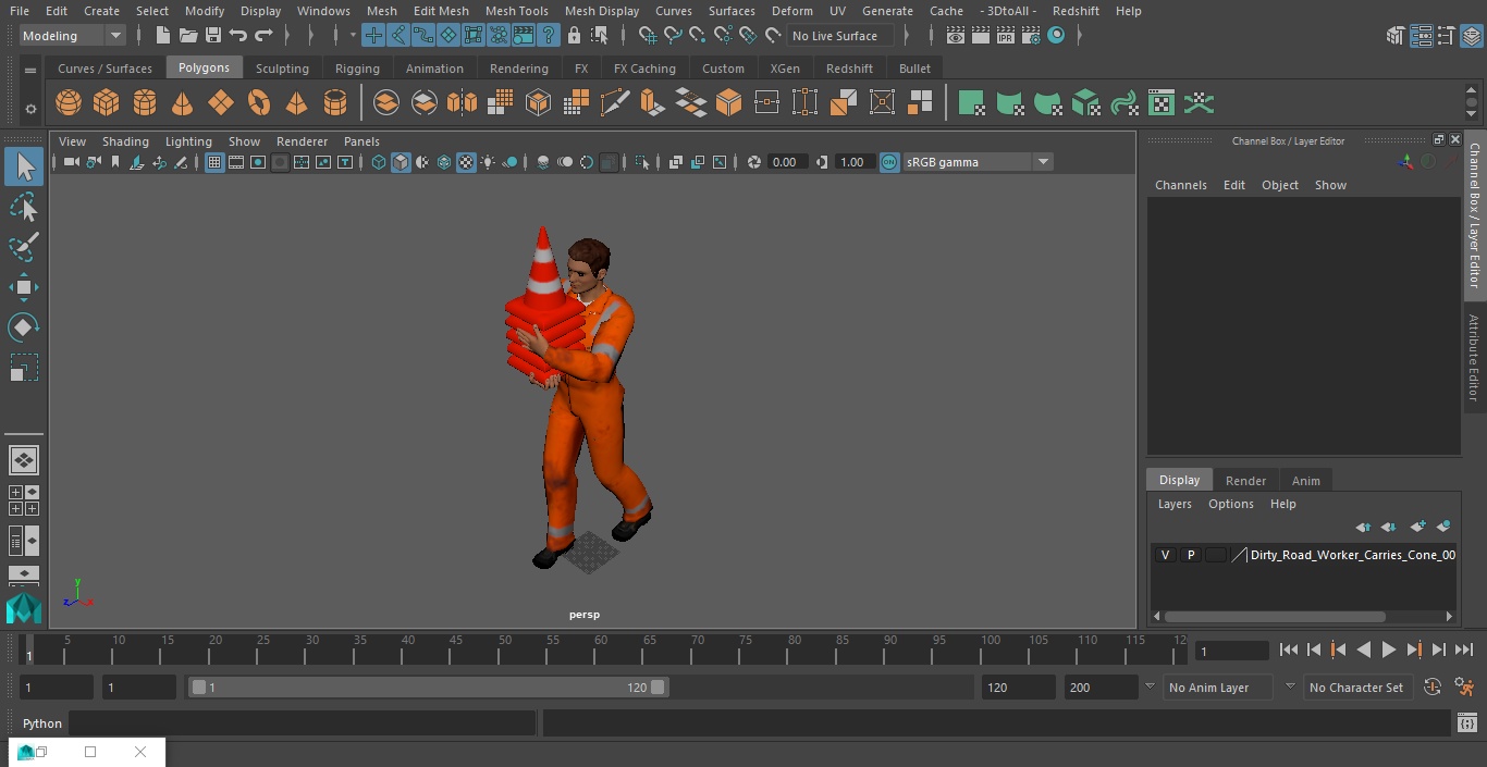 3D model Dirty Road Worker Carries Cone