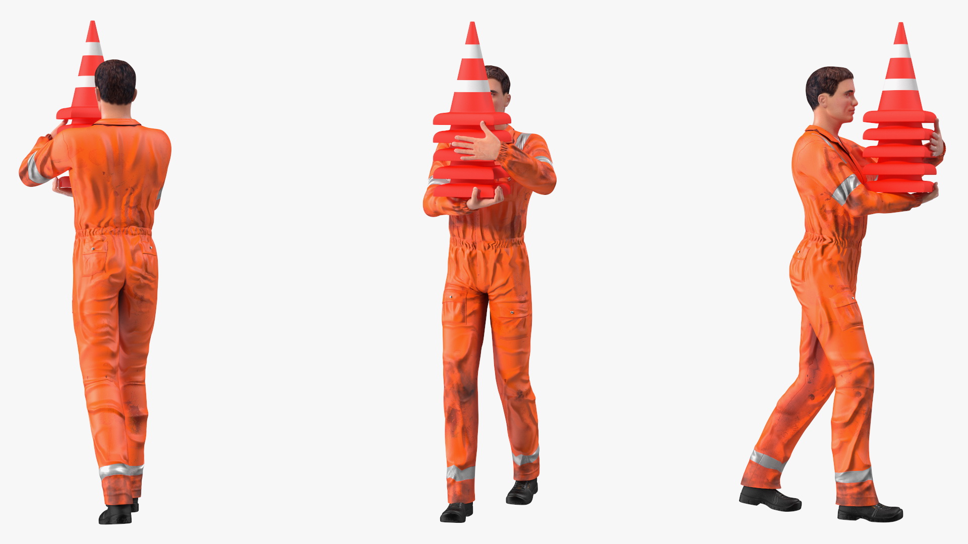 3D model Dirty Road Worker Carries Cone