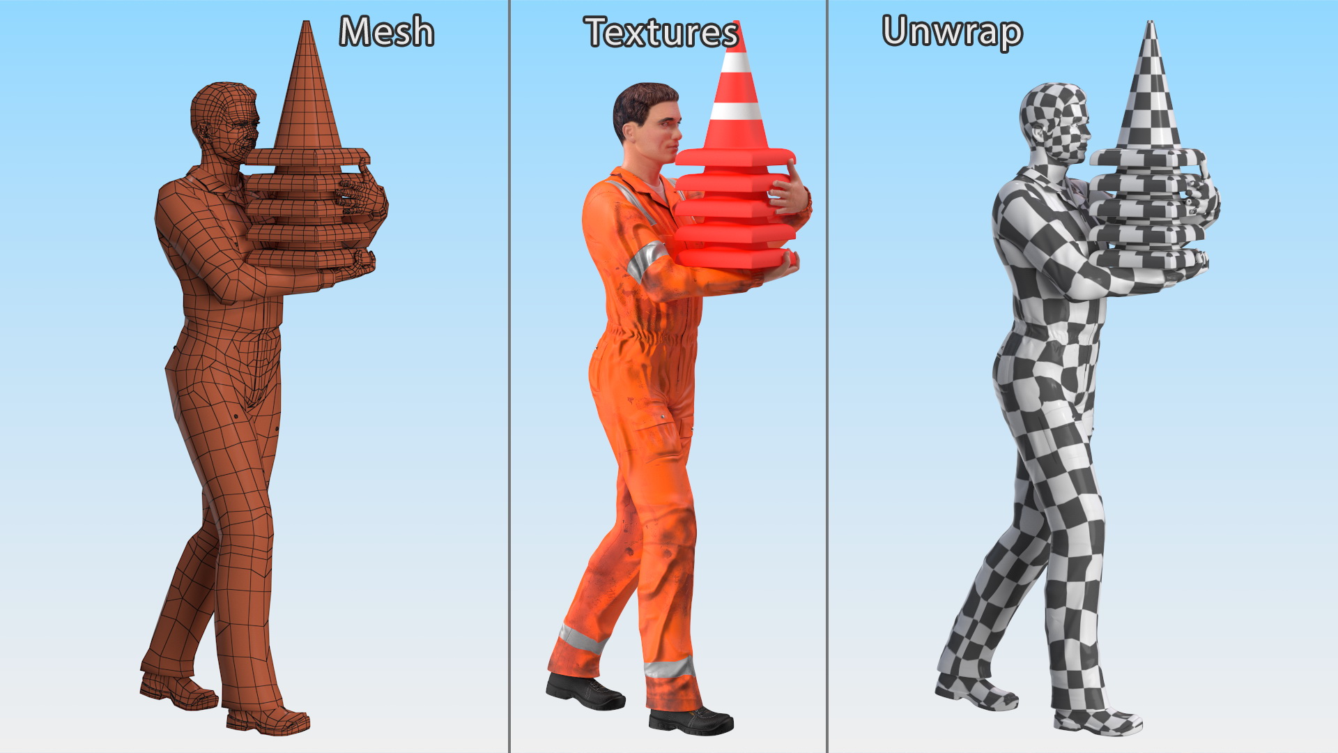 3D model Dirty Road Worker Carries Cone