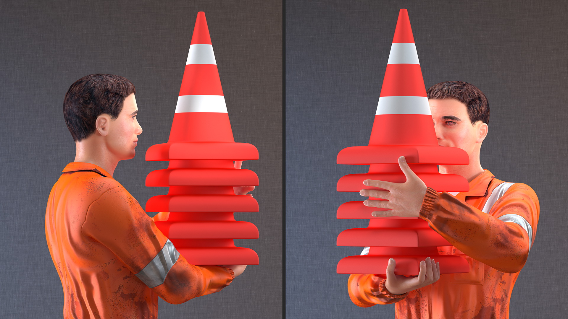 3D model Dirty Road Worker Carries Cone