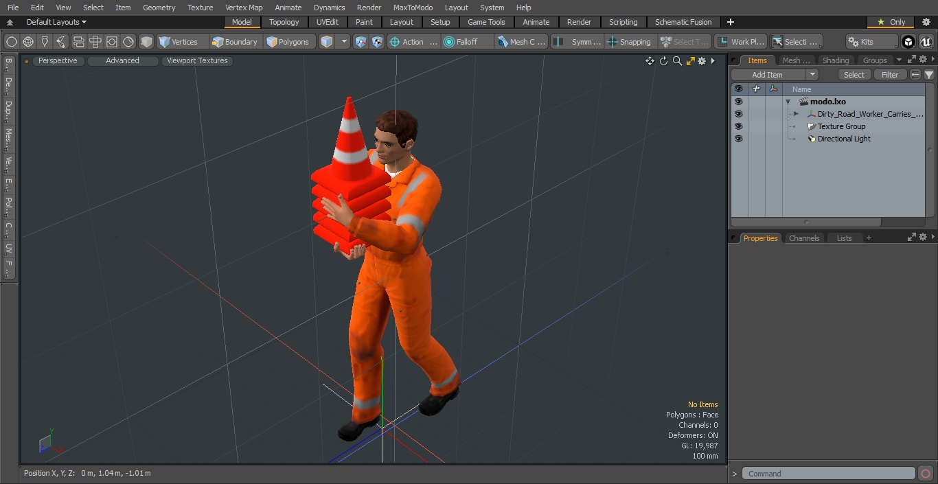 3D model Dirty Road Worker Carries Cone