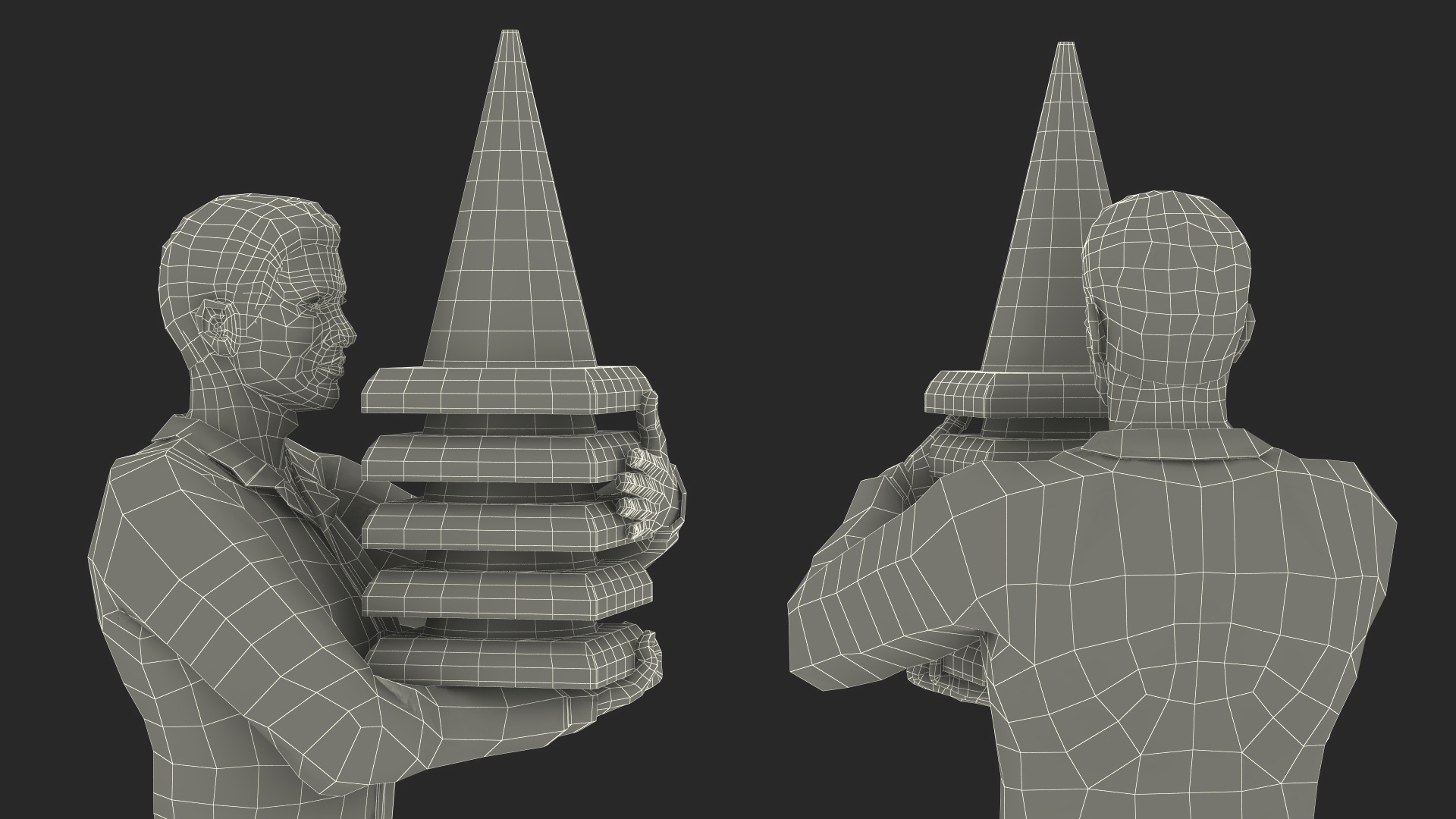 3D model Dirty Road Worker Carries Cone