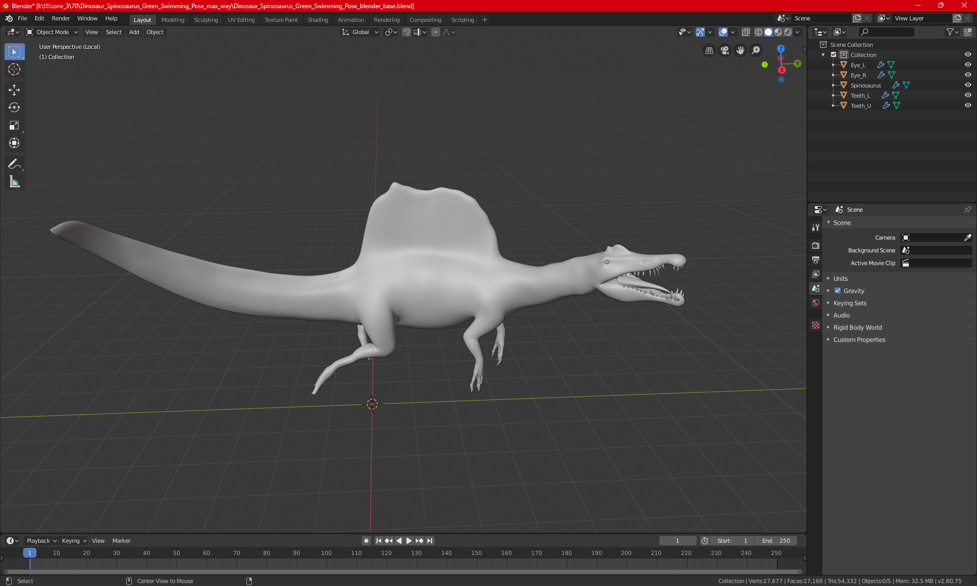 3D Spinosaurus Dinosaur Yellow Swimming Pose