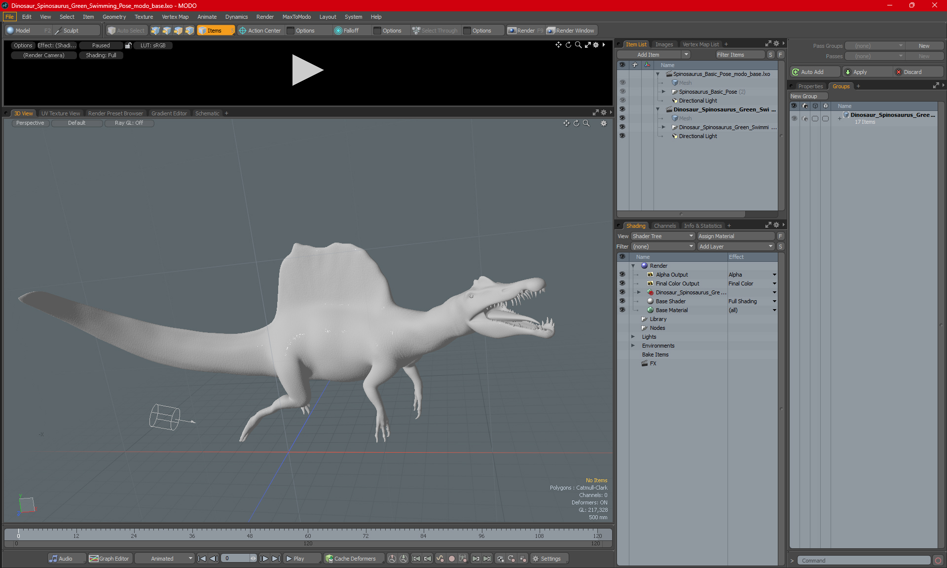 3D Spinosaurus Dinosaur Yellow Swimming Pose