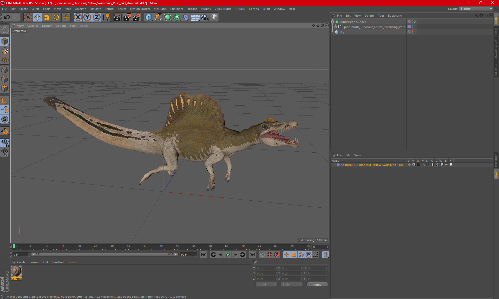 3D Spinosaurus Dinosaur Yellow Swimming Pose