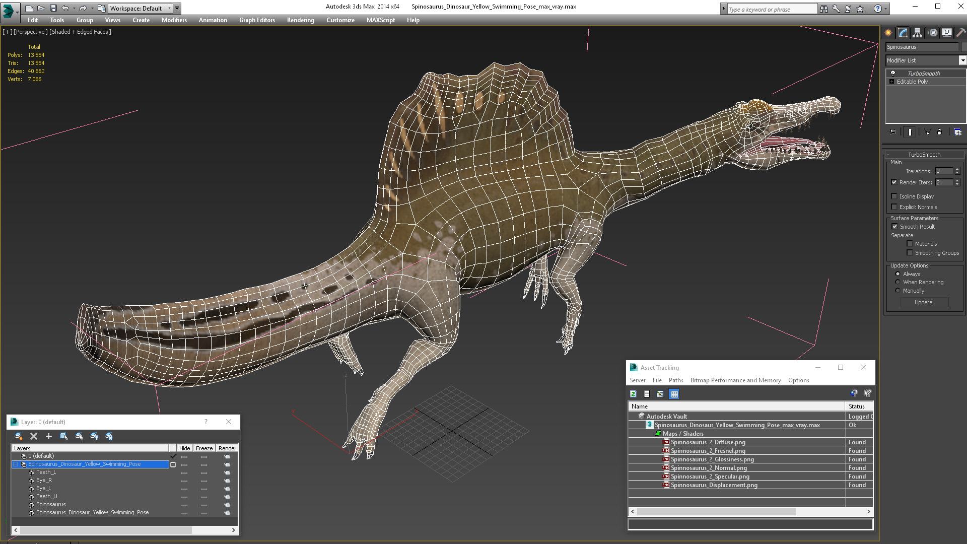 3D Spinosaurus Dinosaur Yellow Swimming Pose