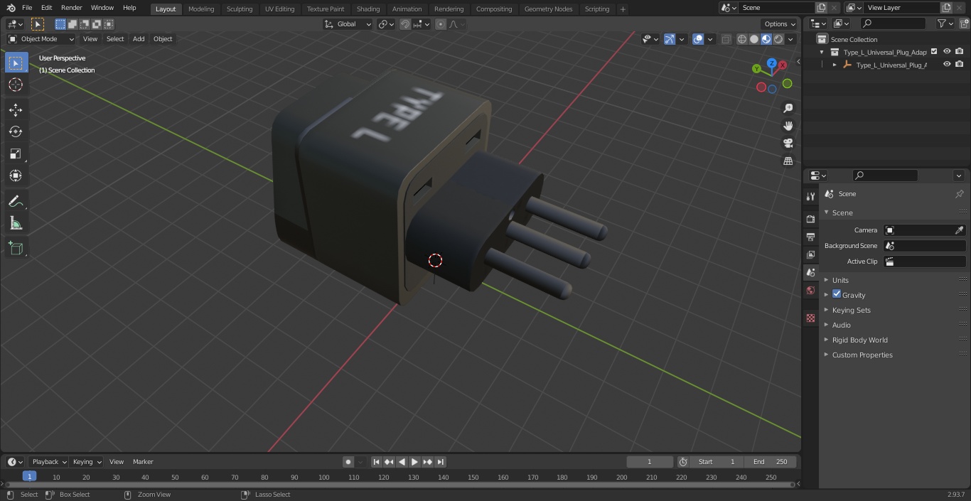 3D model Type L Universal Plug Adapter Black