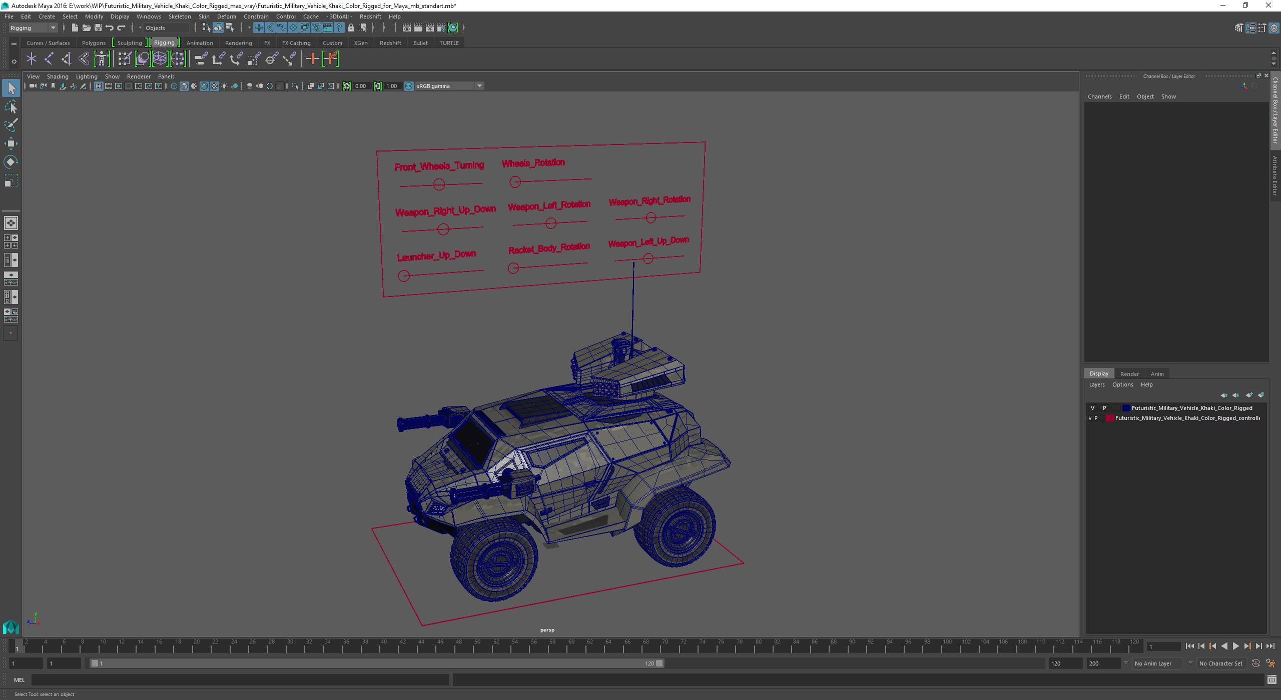 3D model Futuristic Military Vehicle Khaki Color Rigged for Maya