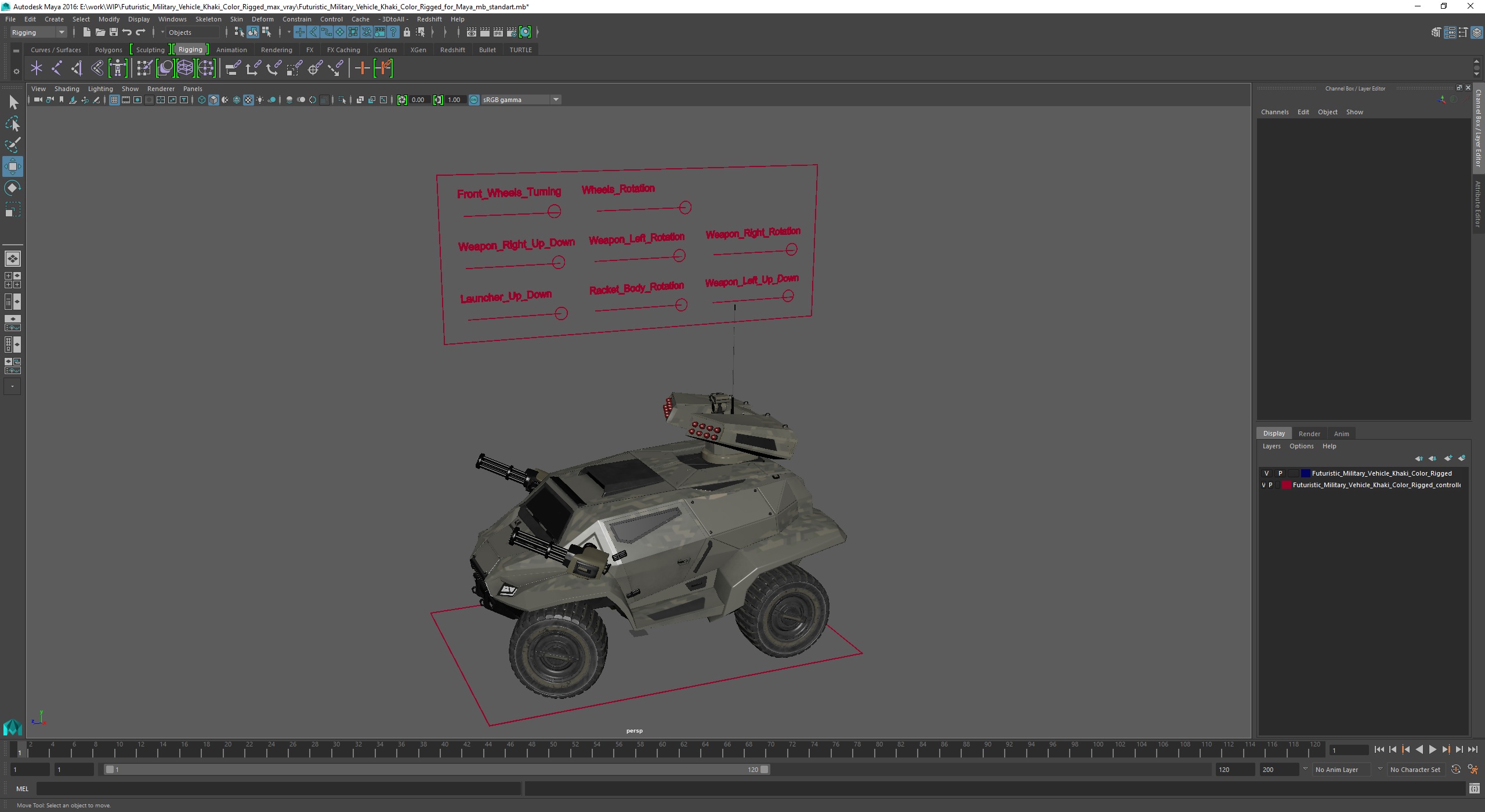 3D model Futuristic Military Vehicle Khaki Color Rigged for Maya