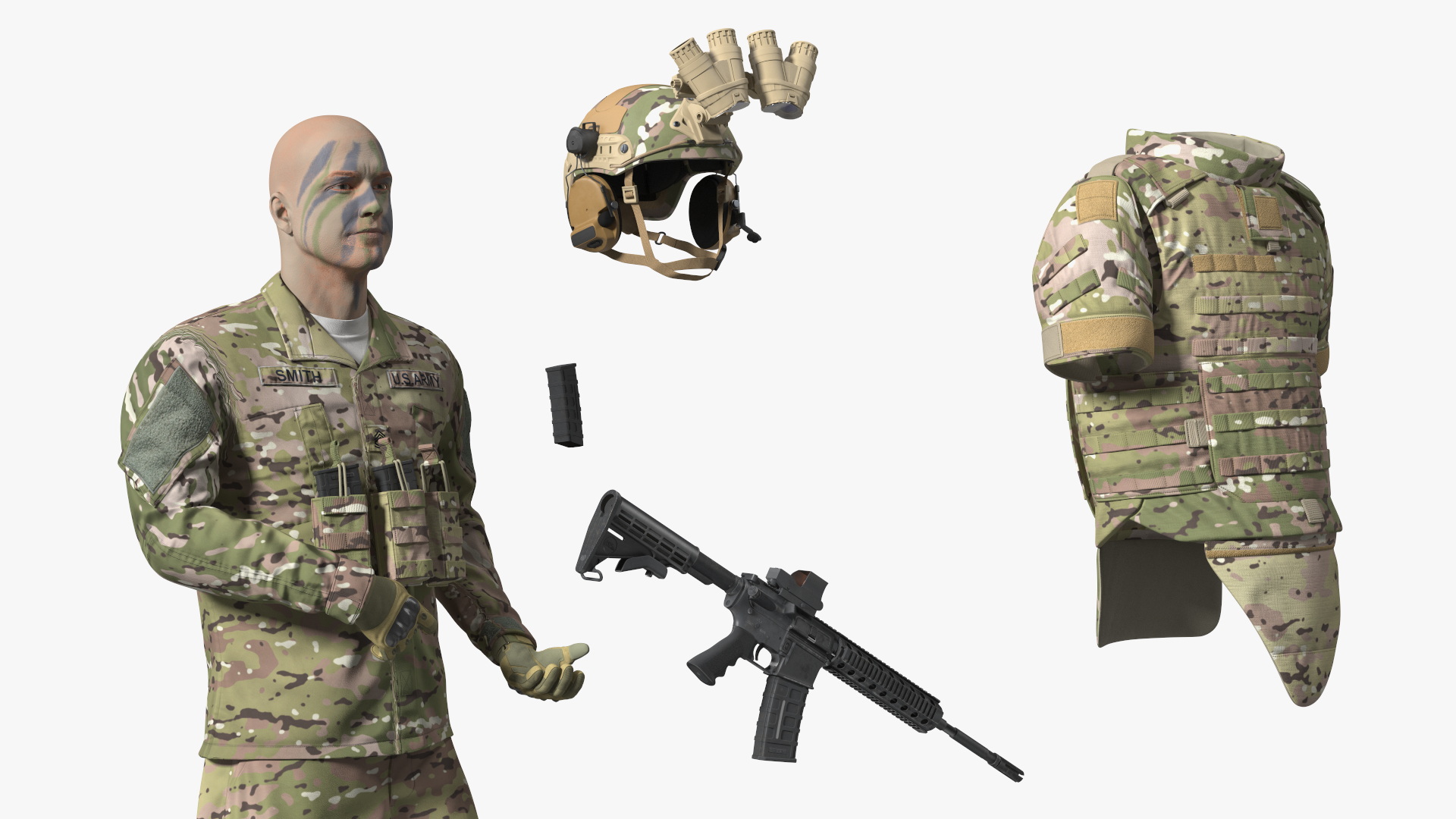 3D Soldier in Night Vision Goggles Green Camo Standing