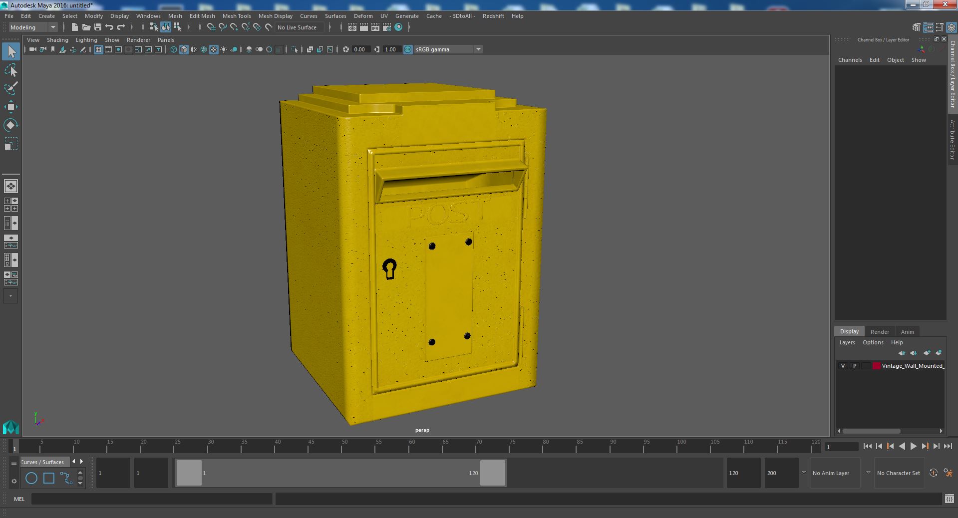 3D model Vintage Wall Mounted Yellow Mailbox