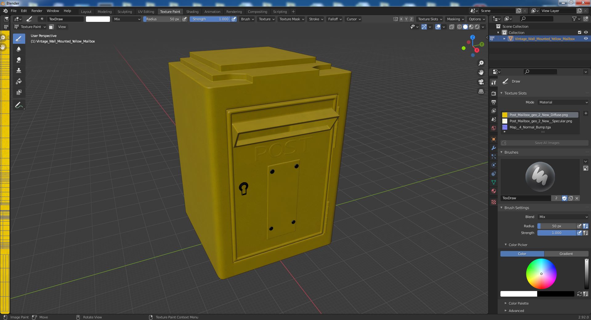 3D model Vintage Wall Mounted Yellow Mailbox