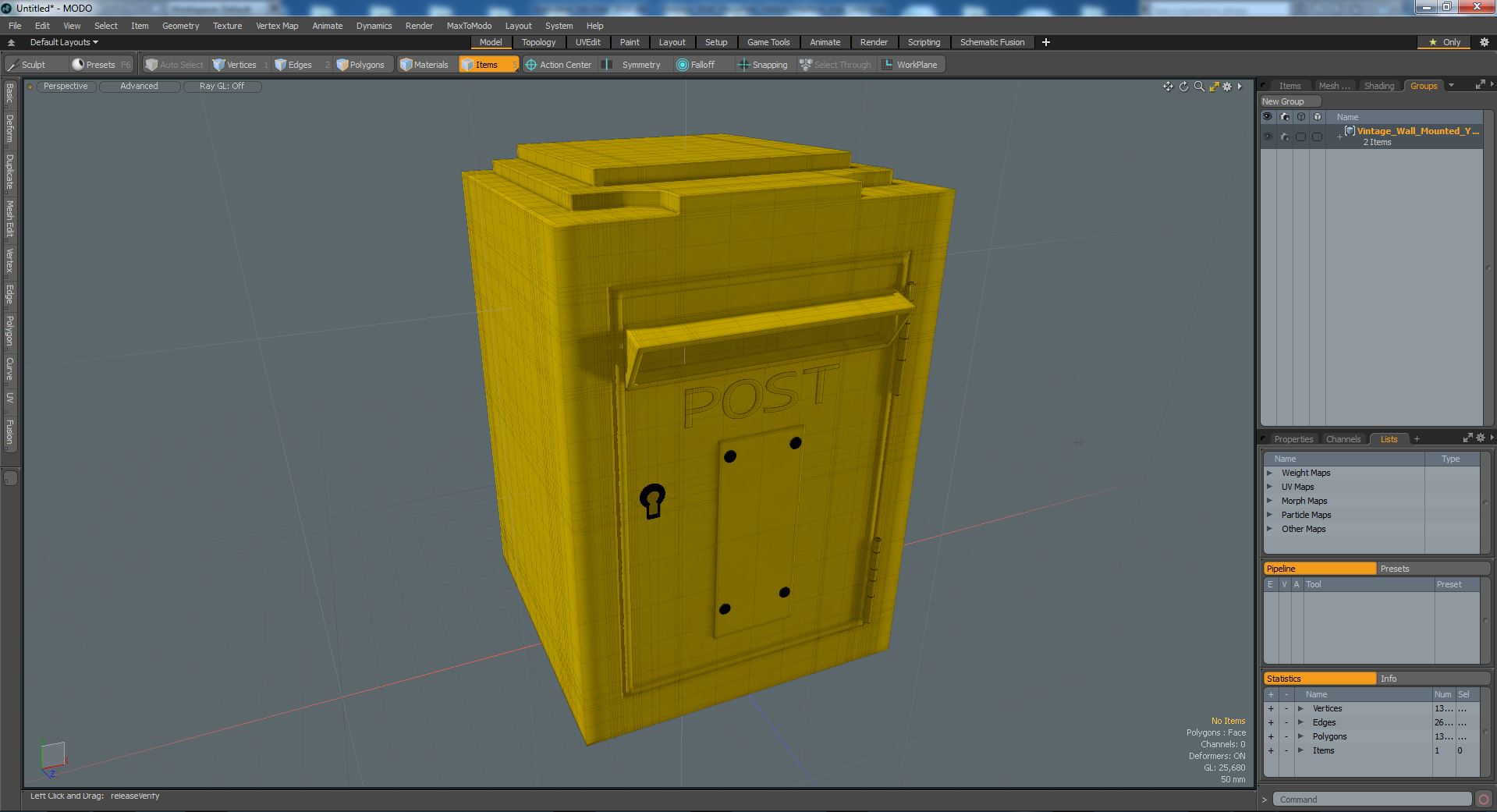 3D model Vintage Wall Mounted Yellow Mailbox