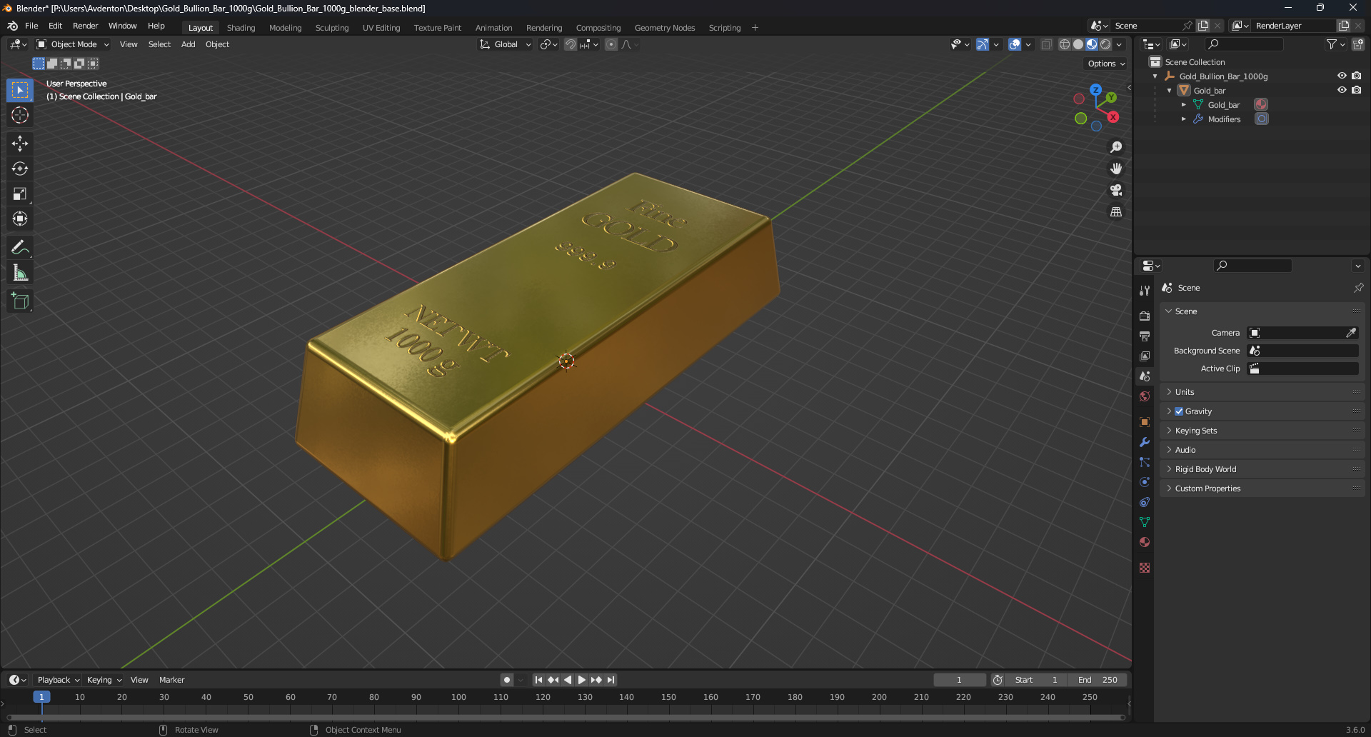Gold Bullion Bar 1000g 3D