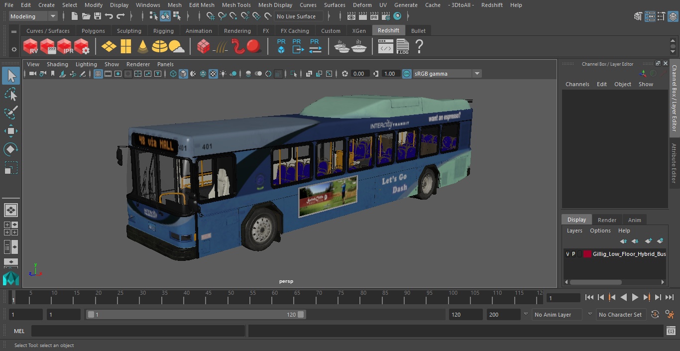 3D Gillig Low Floor Hybrid Bus Intercity Blue Simple Interior model