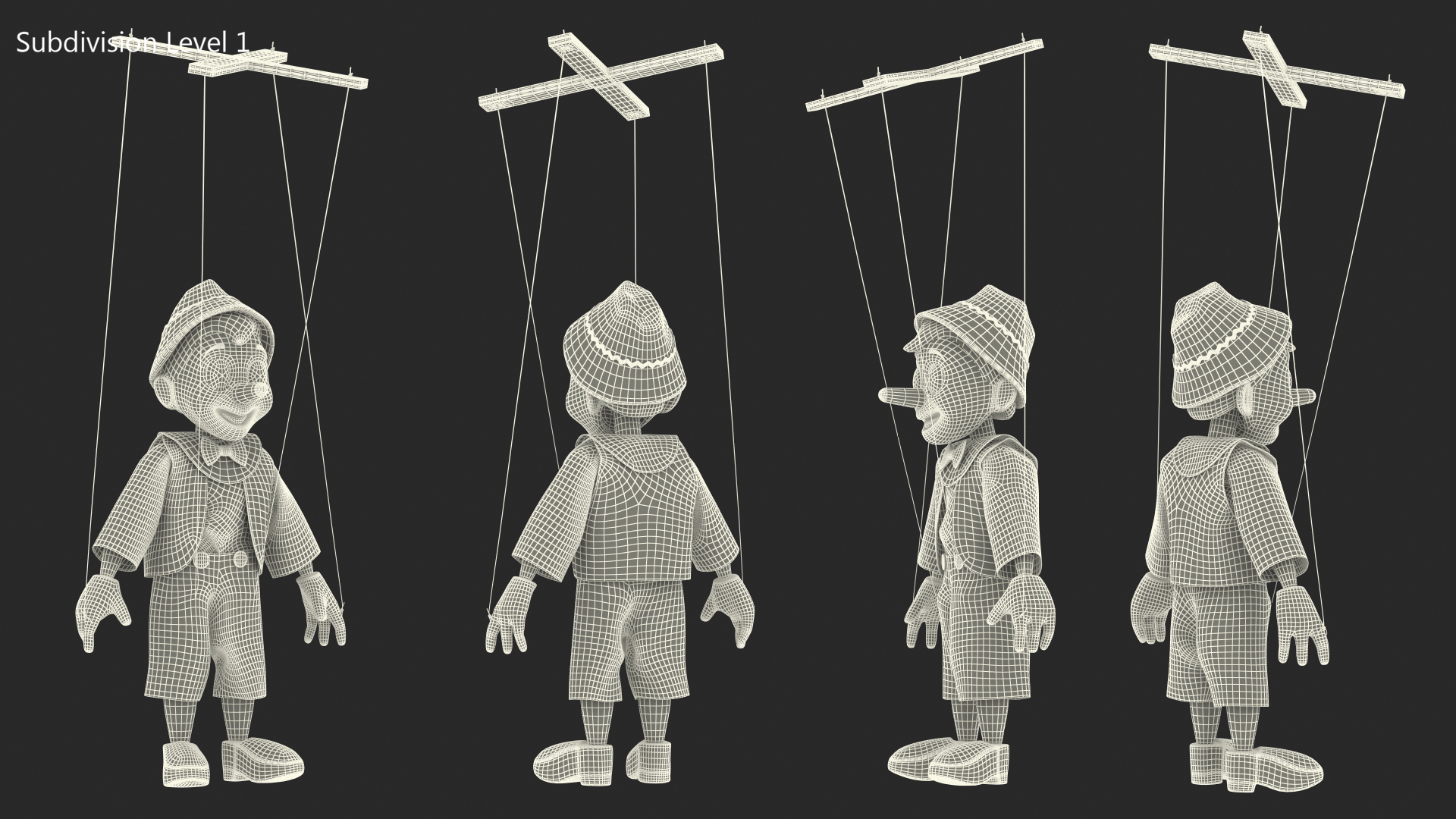 3D model Pinnochio Wooden Marionette Figure Rigged for Cinema 4D