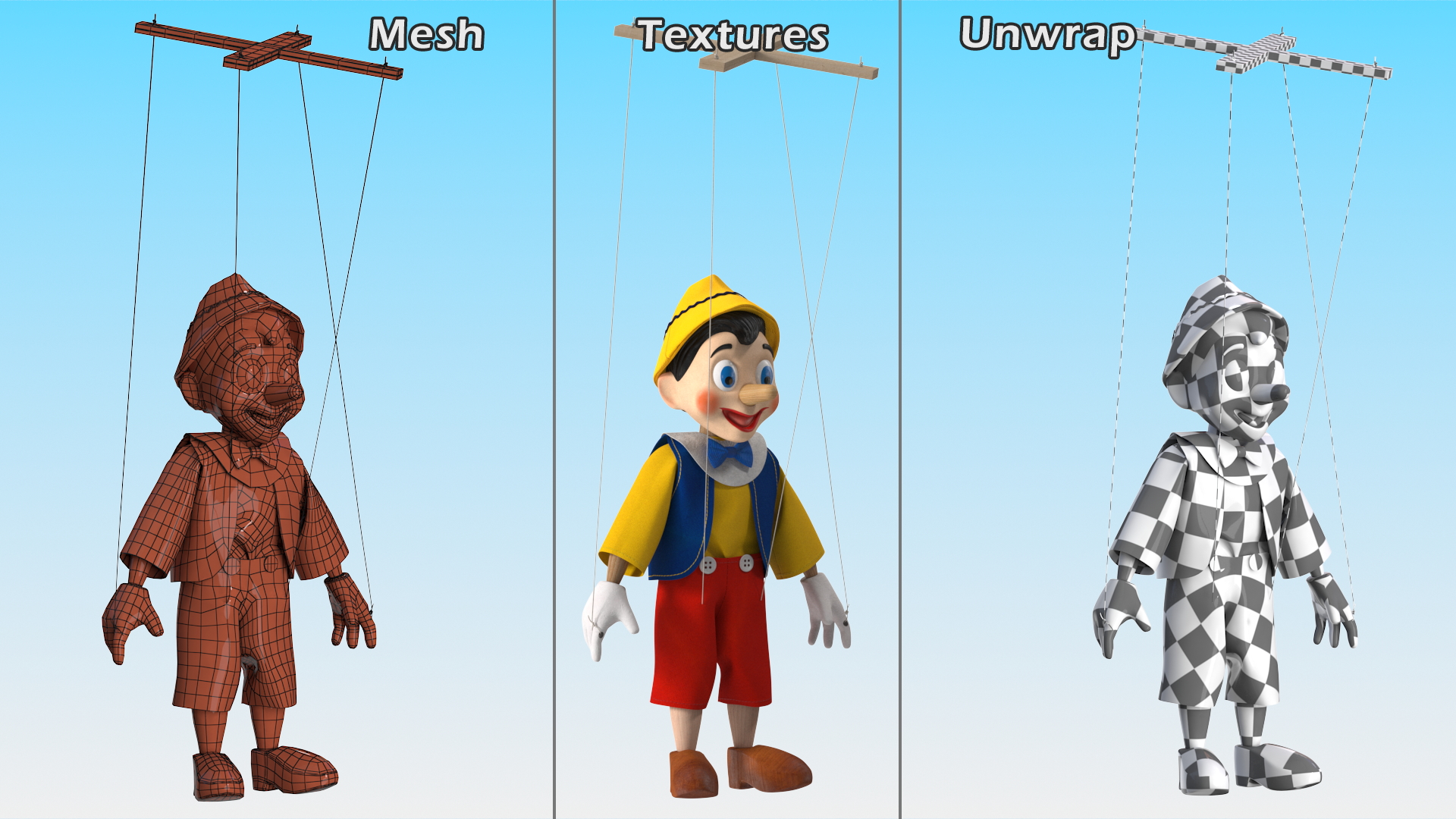 3D model Pinnochio Wooden Marionette Figure Rigged for Cinema 4D