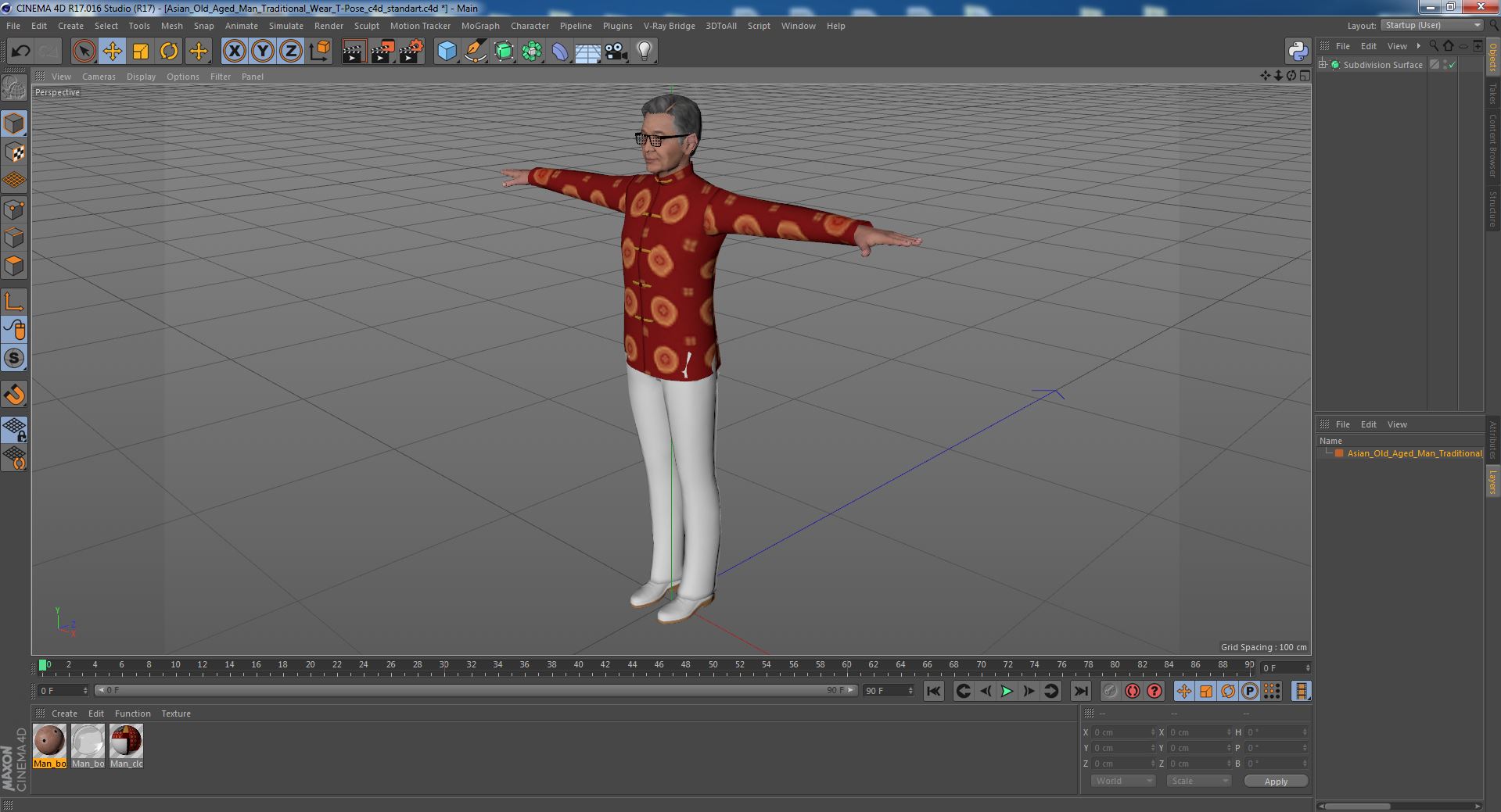 Asian Old Aged Man Traditional Wear T-Pose 3D