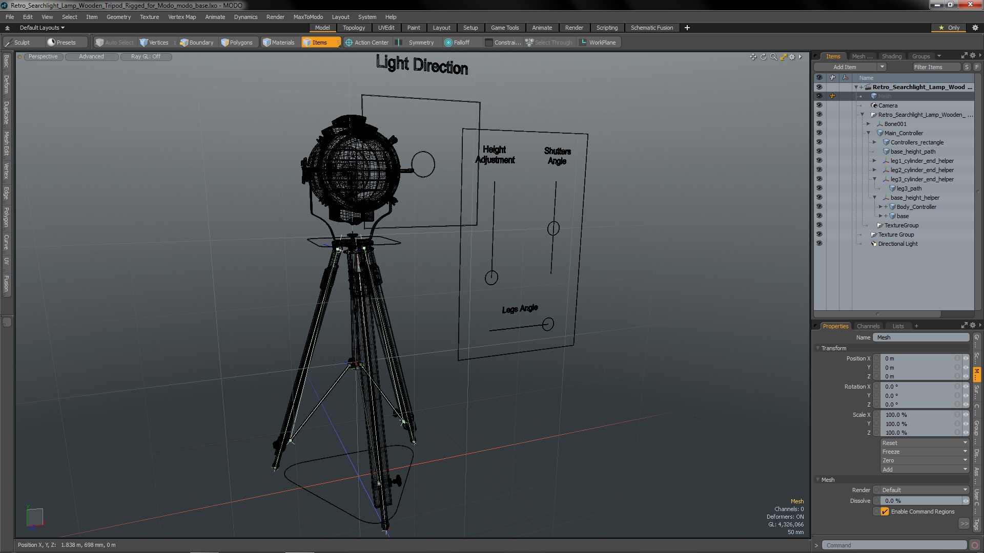 Retro Searchlight Lamp Wooden Tripod Rigged for Modo 3D