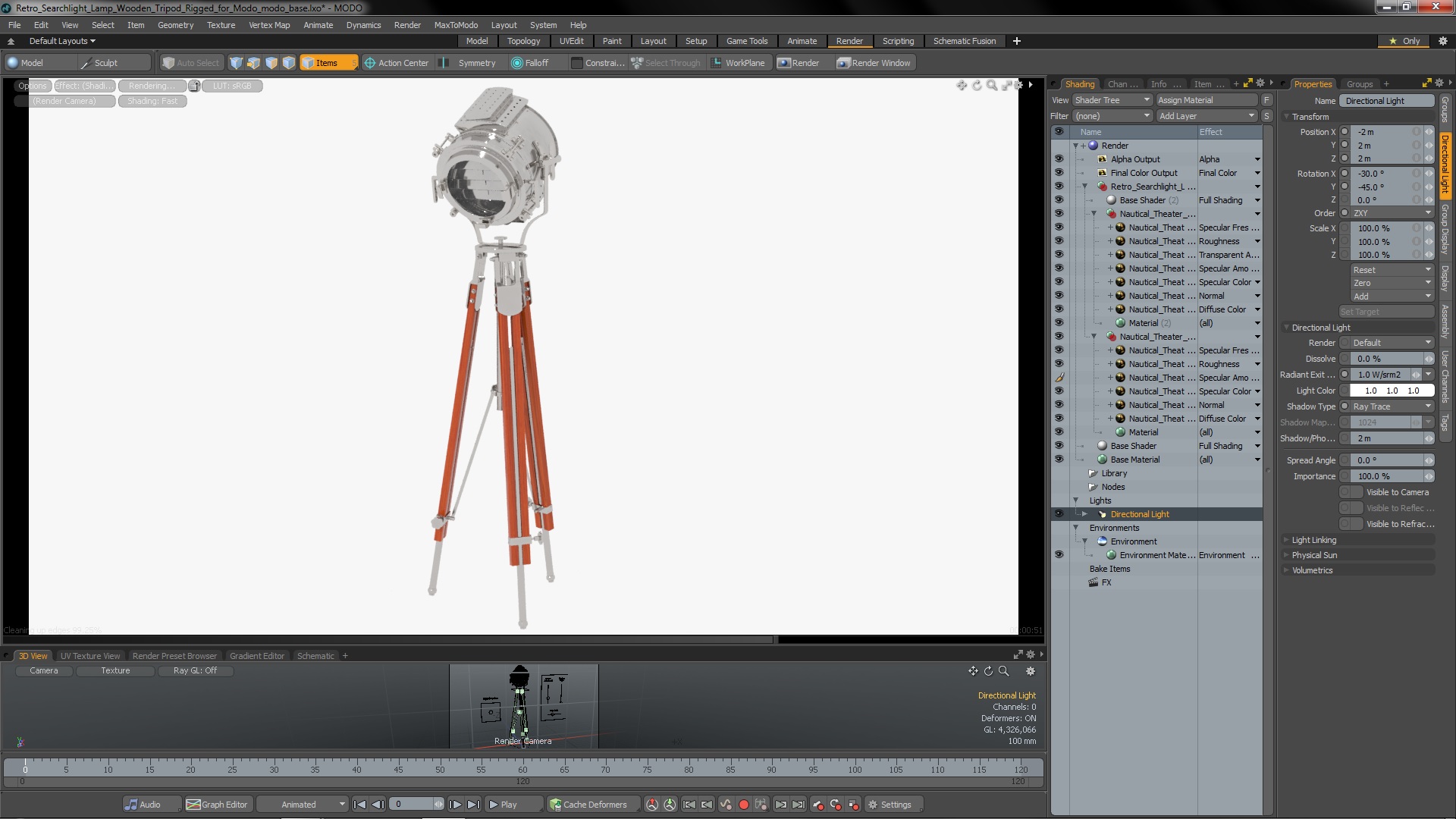 Retro Searchlight Lamp Wooden Tripod Rigged for Modo 3D