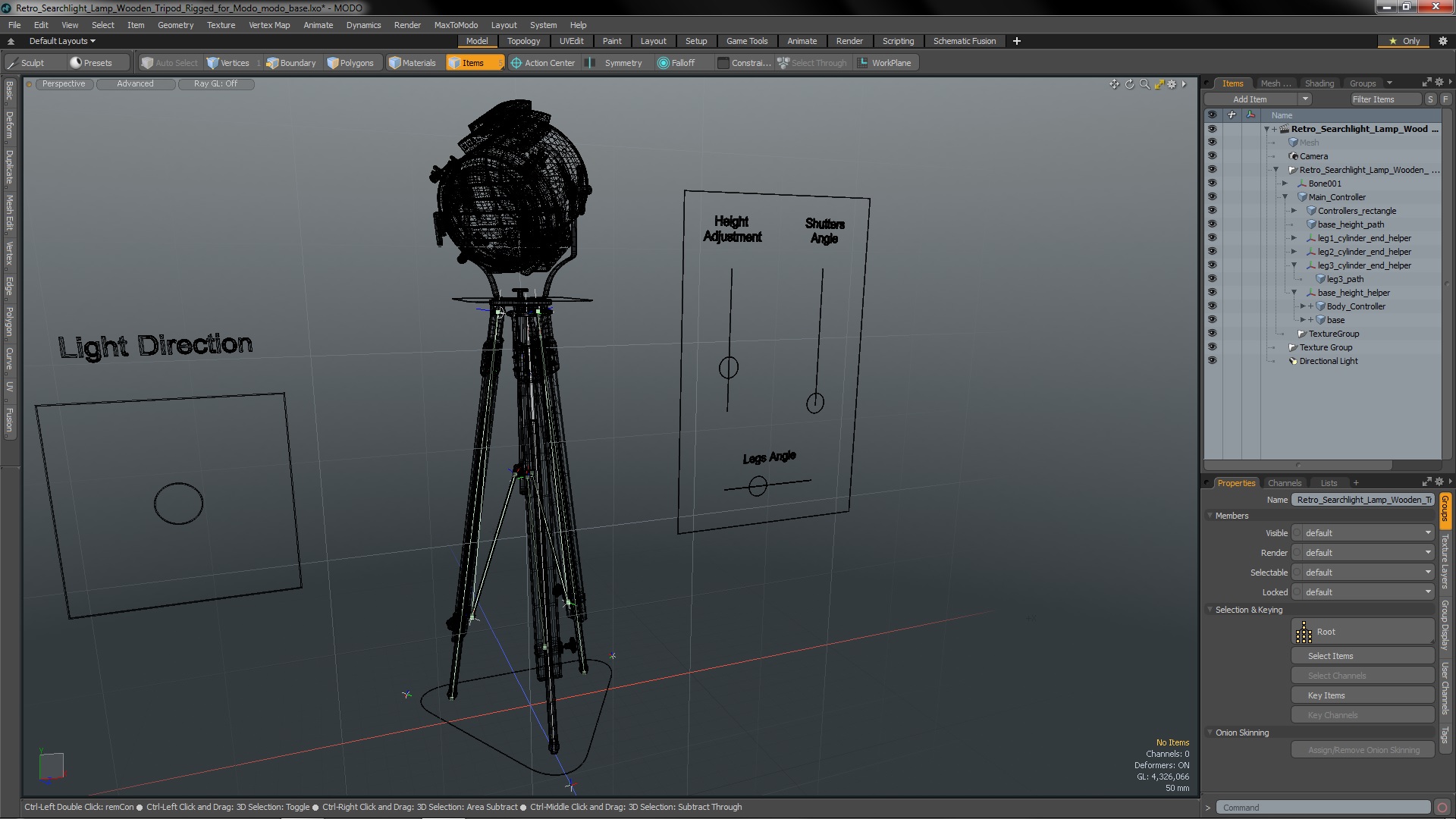 Retro Searchlight Lamp Wooden Tripod Rigged for Modo 3D