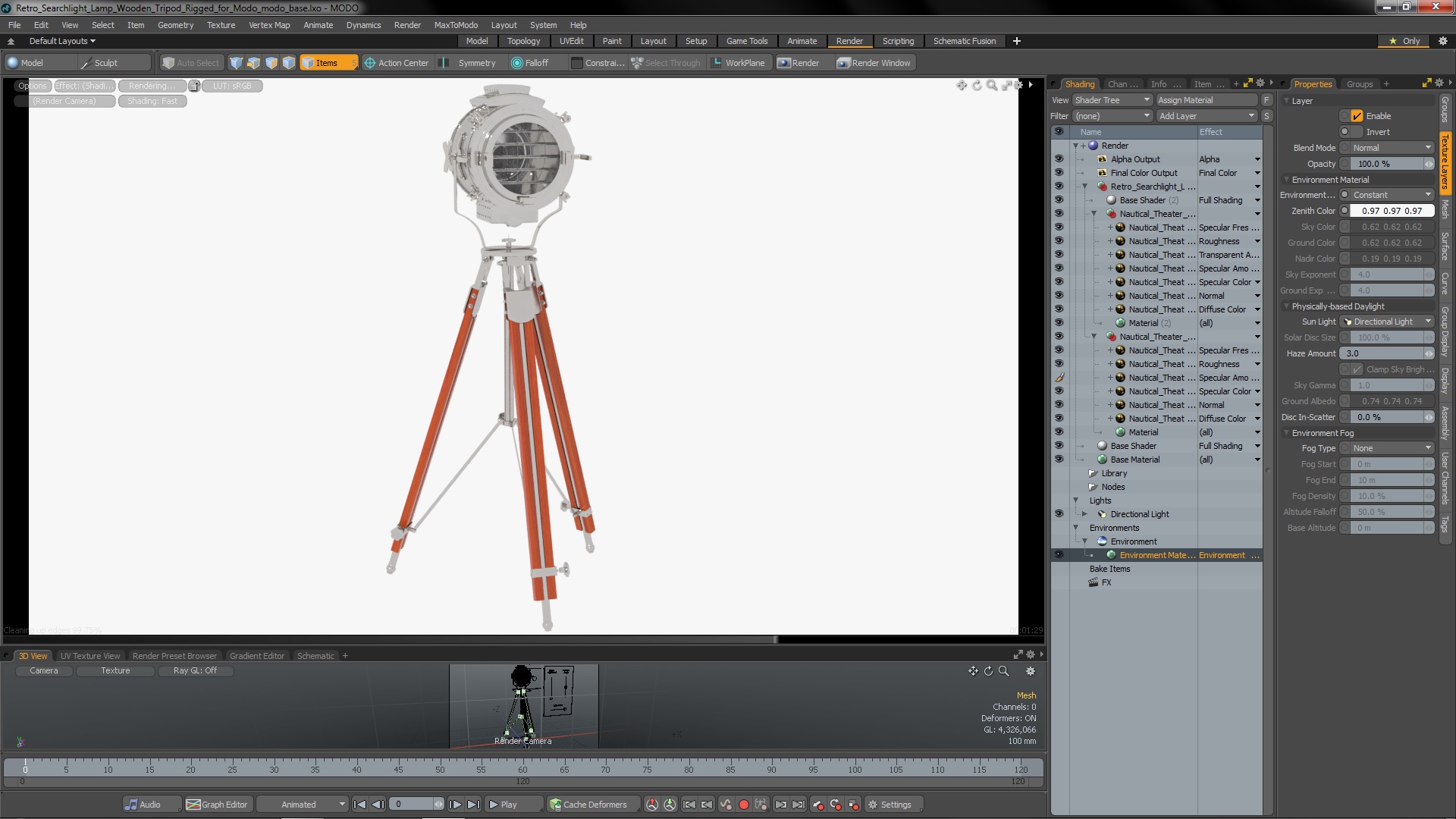 Retro Searchlight Lamp Wooden Tripod Rigged for Modo 3D