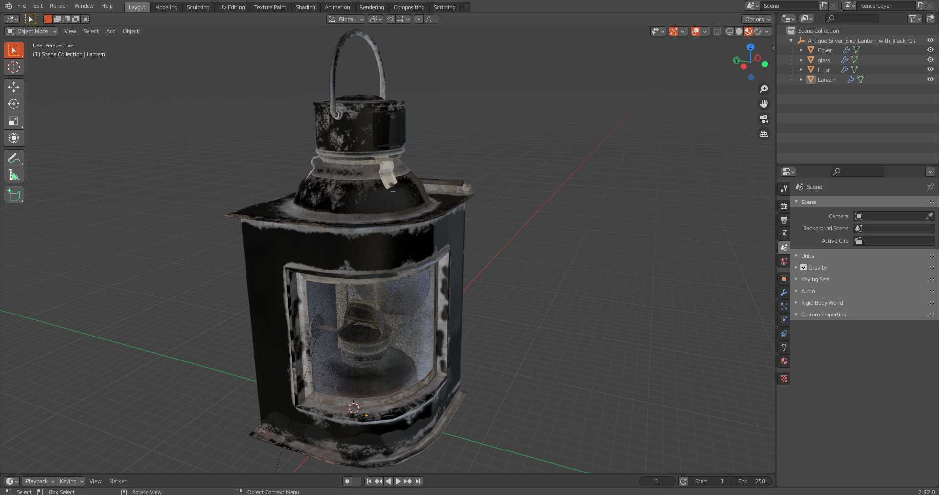 3D Antique Silver Ship Lantern with Black Glass Old model
