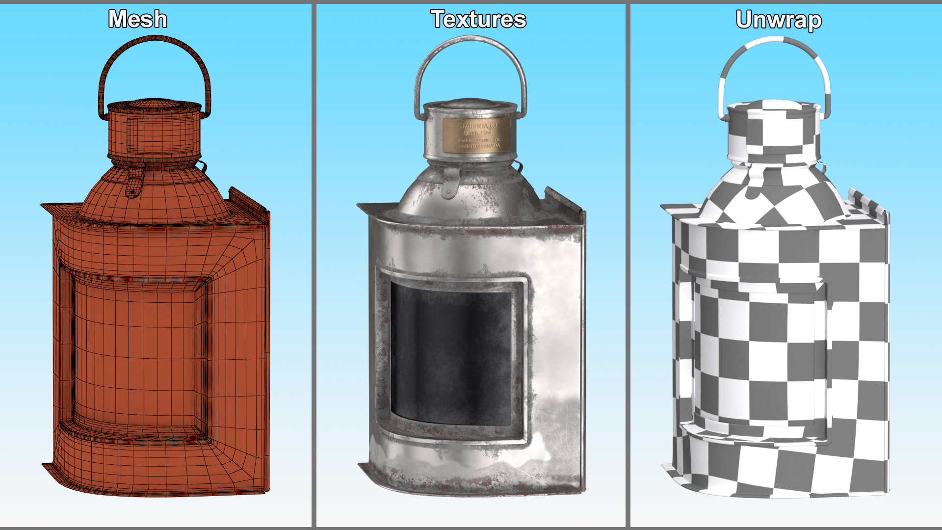 3D Antique Silver Ship Lantern with Black Glass Old model