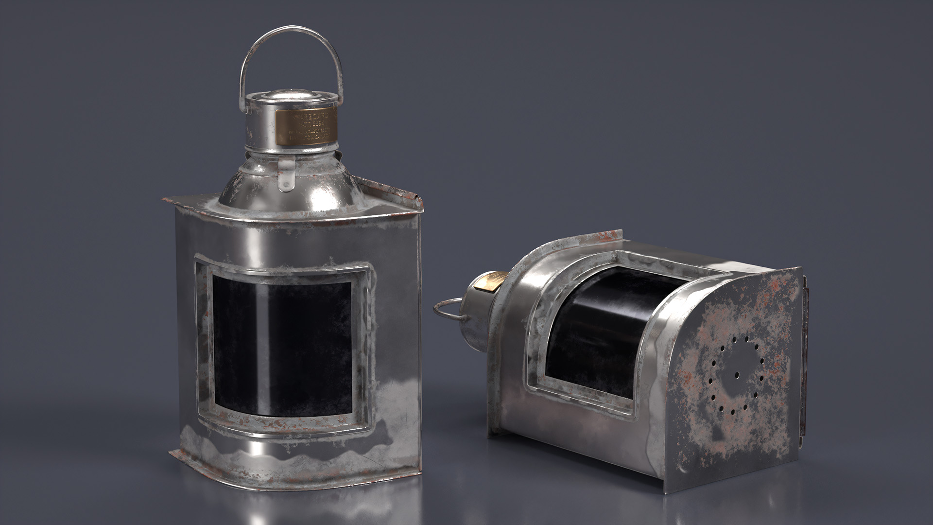 3D Antique Silver Ship Lantern with Black Glass Old model