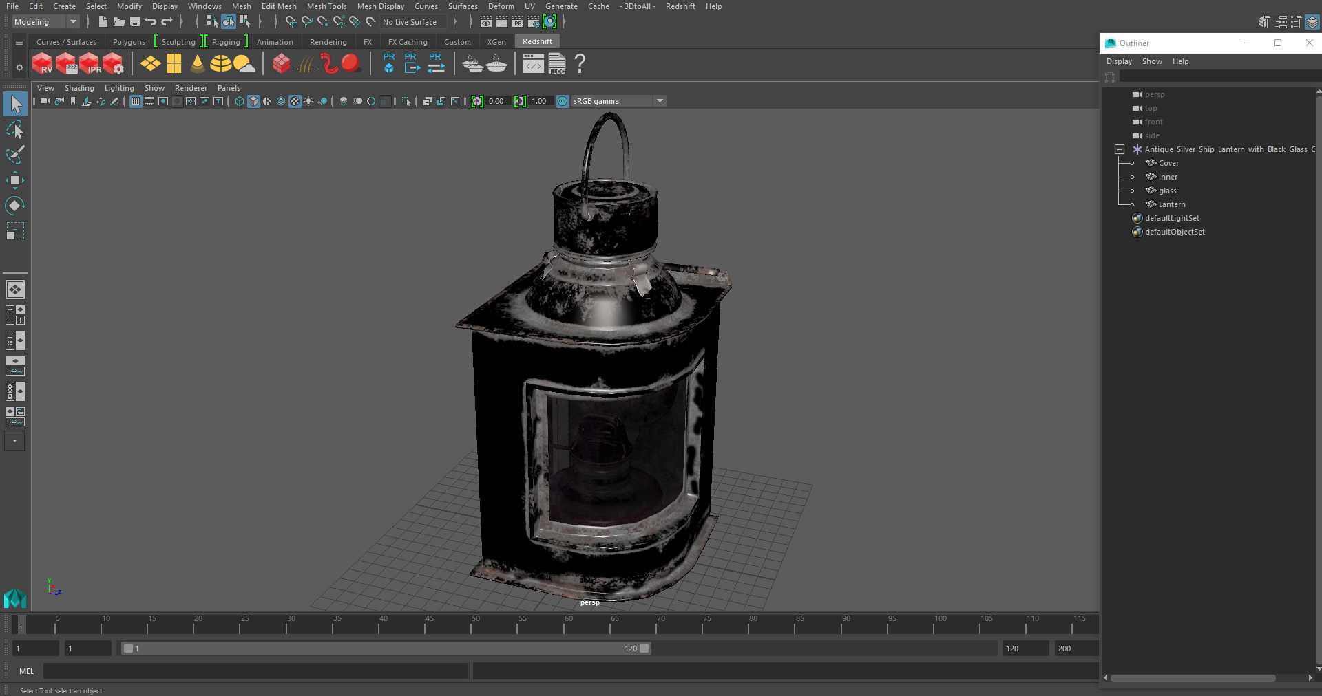 3D Antique Silver Ship Lantern with Black Glass Old model
