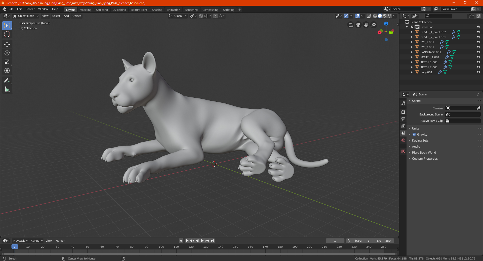 3D Young Lion Lying Pose